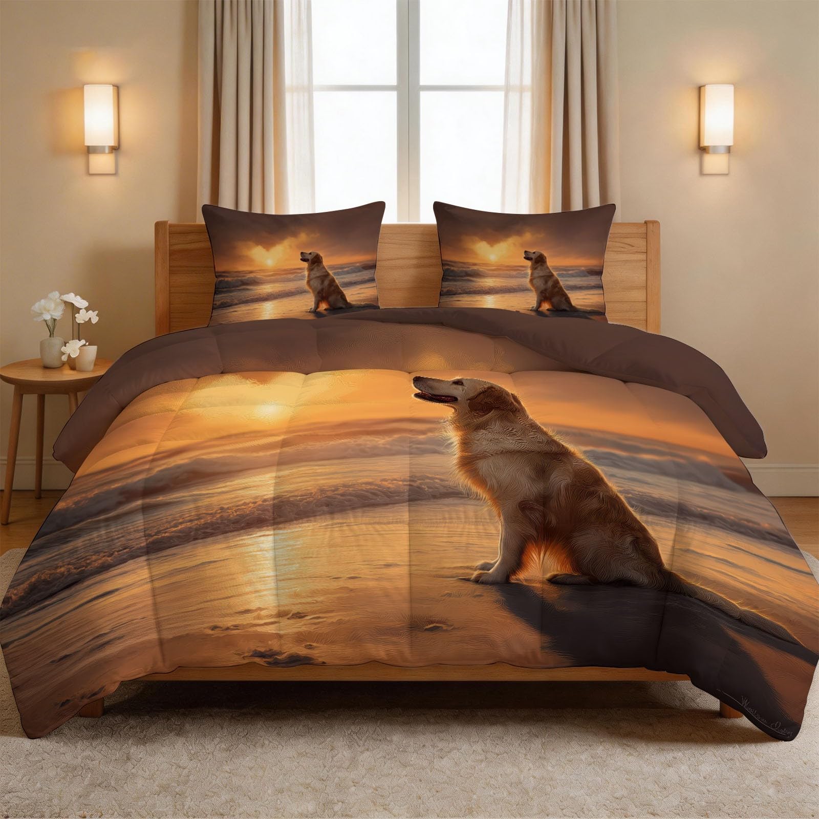 Couette imprimée chiot et plage 200x220 cm avec 2 taies pour lit 2 personnes