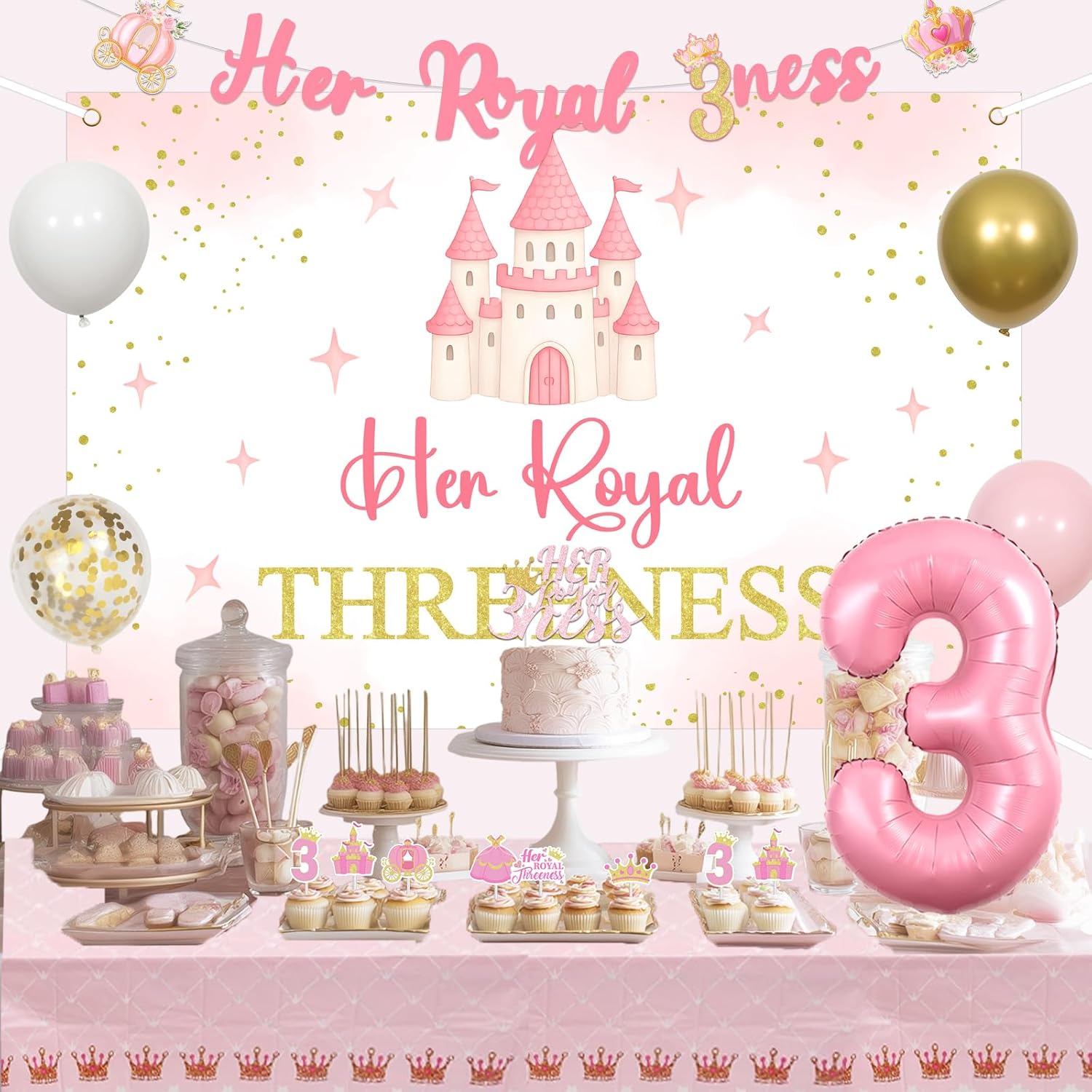 Her Royal Threeness Birthday Party Decoration Girl,Princess Themed 3rd Bday Backdrop Banner Balloons Arch Kit Pink Gold,Cupcake Toppers and 3 Foil Balloon for Princess 3 Years Old Girl Bday