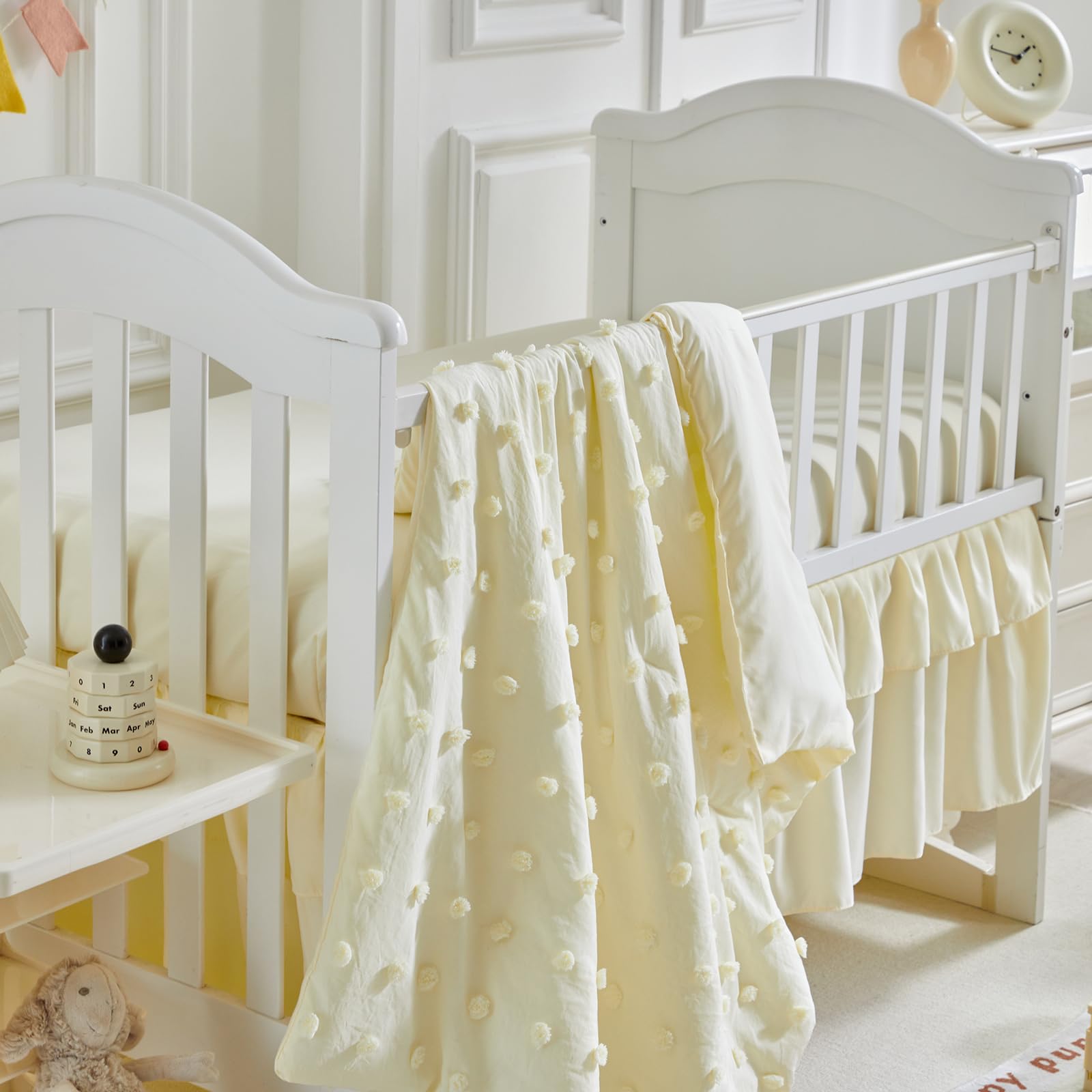 Juego de ropa de cama para cuna, 3 piezas, edredón acolchado con volantes y sábana bajera ajustable y falda de cama con volantes, bonita ropa de cama para bebé desgastada solo se adapta a minicunas