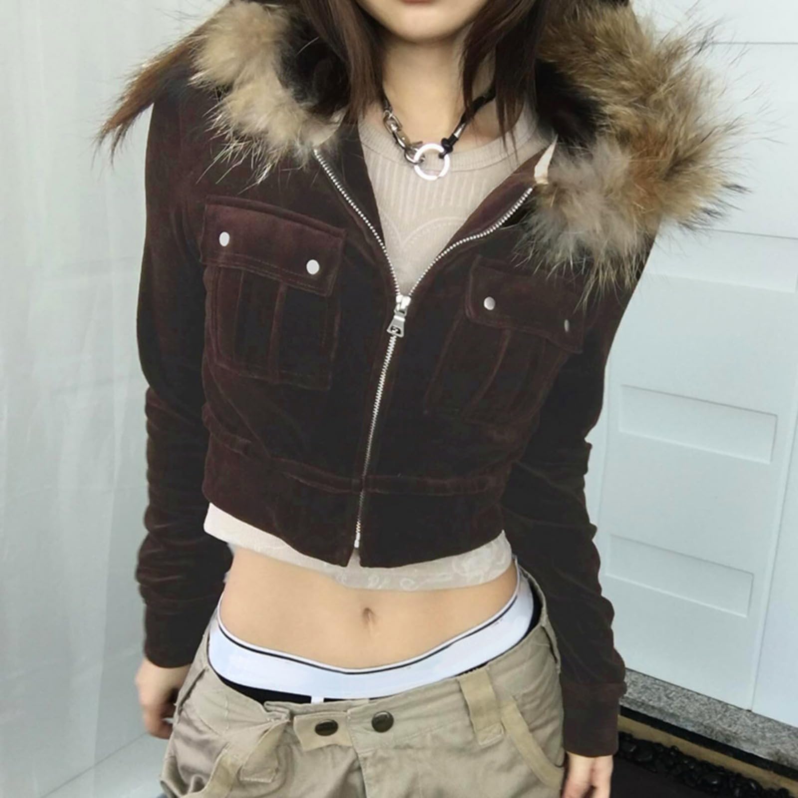 Y2k Kapuzenpullover mit Reißverschluss, Pelz, Kapuzenjacke, Grafik-Hoodie, Grunge 2000er Jahre Kleidung für Damen, bauchfrei, Wintermäntel, Streetwear