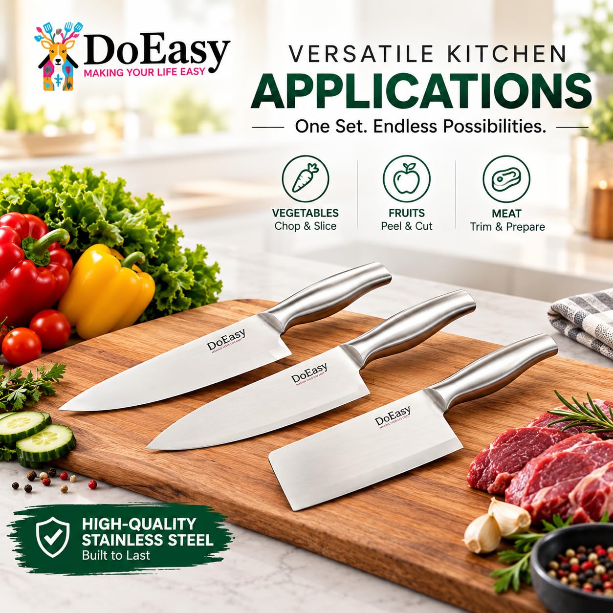 DOEASY Stainless Steel Knife Set - 3 Piece Professional Kitchen Knives -6