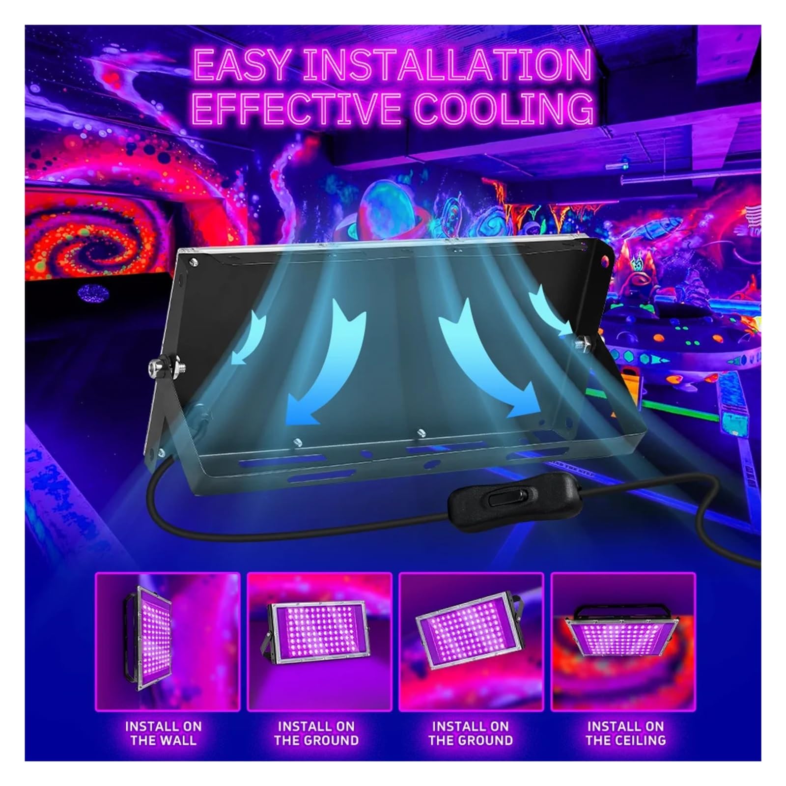 Lámpara de curado UV LED UV de luz Negra, Interruptor USB, 395 NM, for Fiestas, Bares, iluminación escenarios, Nocturna y Navidad(96LEDs-2P)