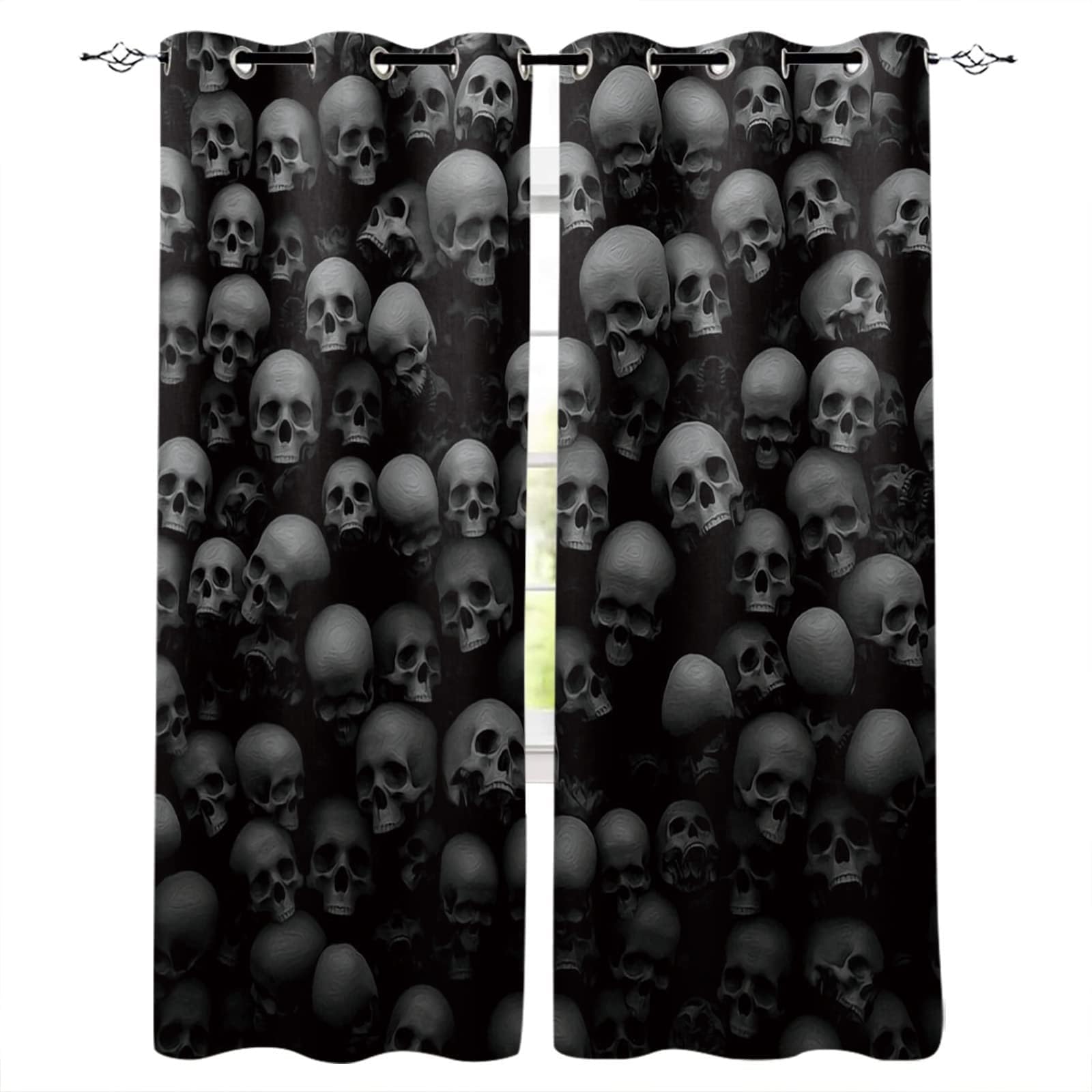 TEMLAN Black Skull Skull Blackout Curtains Horror Skull Eyelet Curtains for Living Room Bedroom, Grommet Top Thermal Insulated Window Treatments (265 x 215 cm)