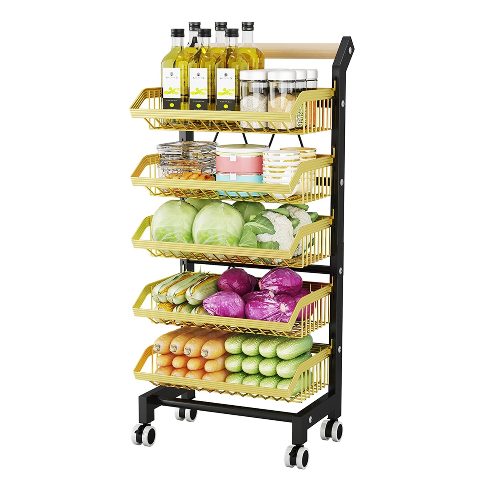 WOTZOV Rolling Snack Cart With Wheels - Adjustable Wire Storage Rack For Kitchen, Freestanding Pantry Organizer For Fruits, Vegetables, And Snacks - Mobile Storage Solution，Black+gold 5 Tier
