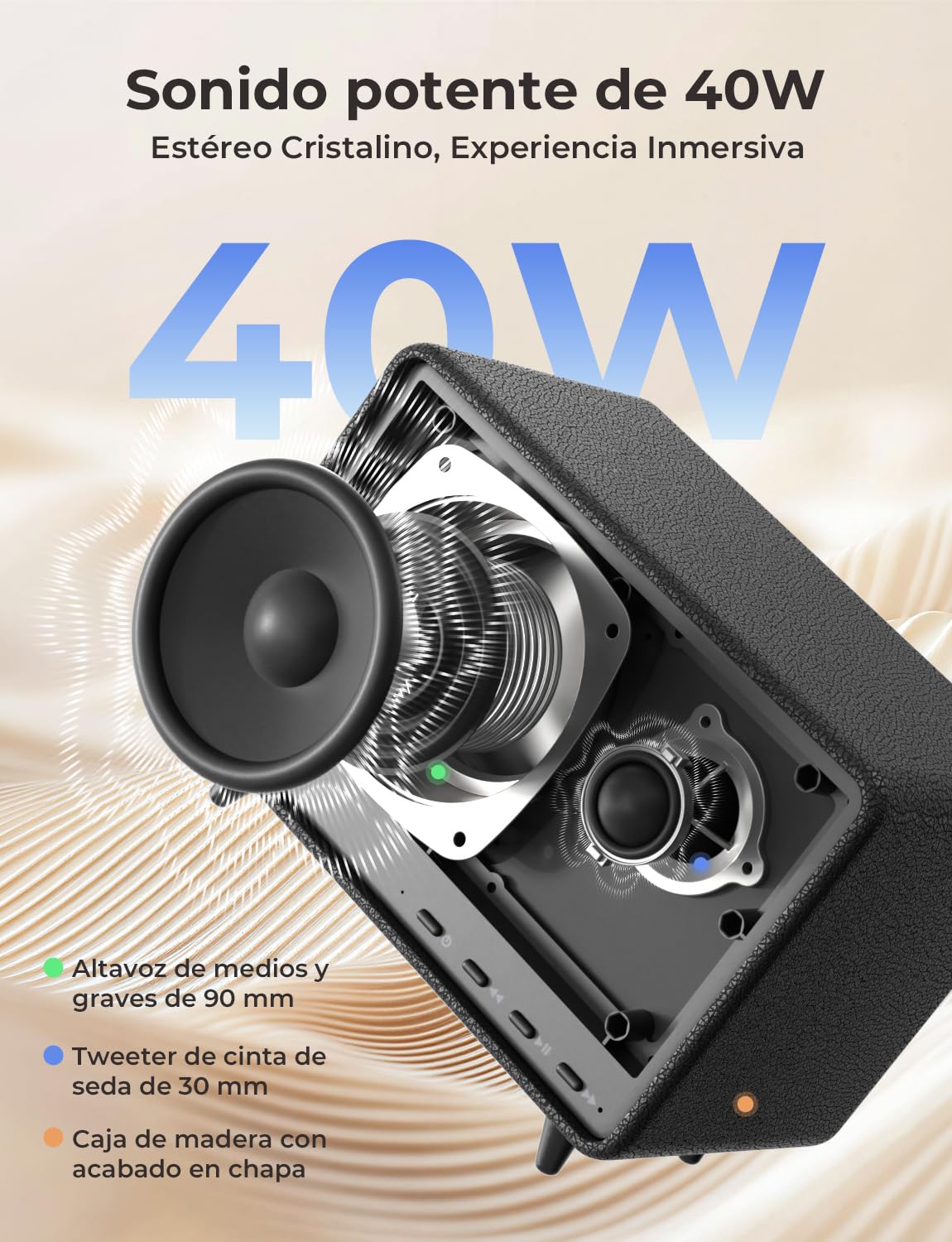 RIENOK Altavoz Bluetooth 40W Potente Tweeter y Woofer Autonomía 24H Bluetooth 5.3 Sonido Estéreo Inalámbrico Función Llamadas Manos Libres Apoy AUX, Tarjeta TF, Memoria USB