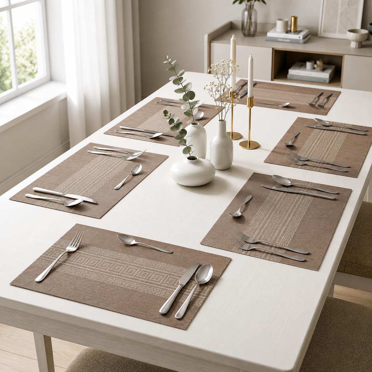 daiDokoro Rectangular Crossweave Woven PVC Vinyl Non-Slip Insulation Heat-Resistant & Waterproof Stain Resistant Washable Placemat for Dining & Kitchen Table-(Peanut Brown, Set of 6)