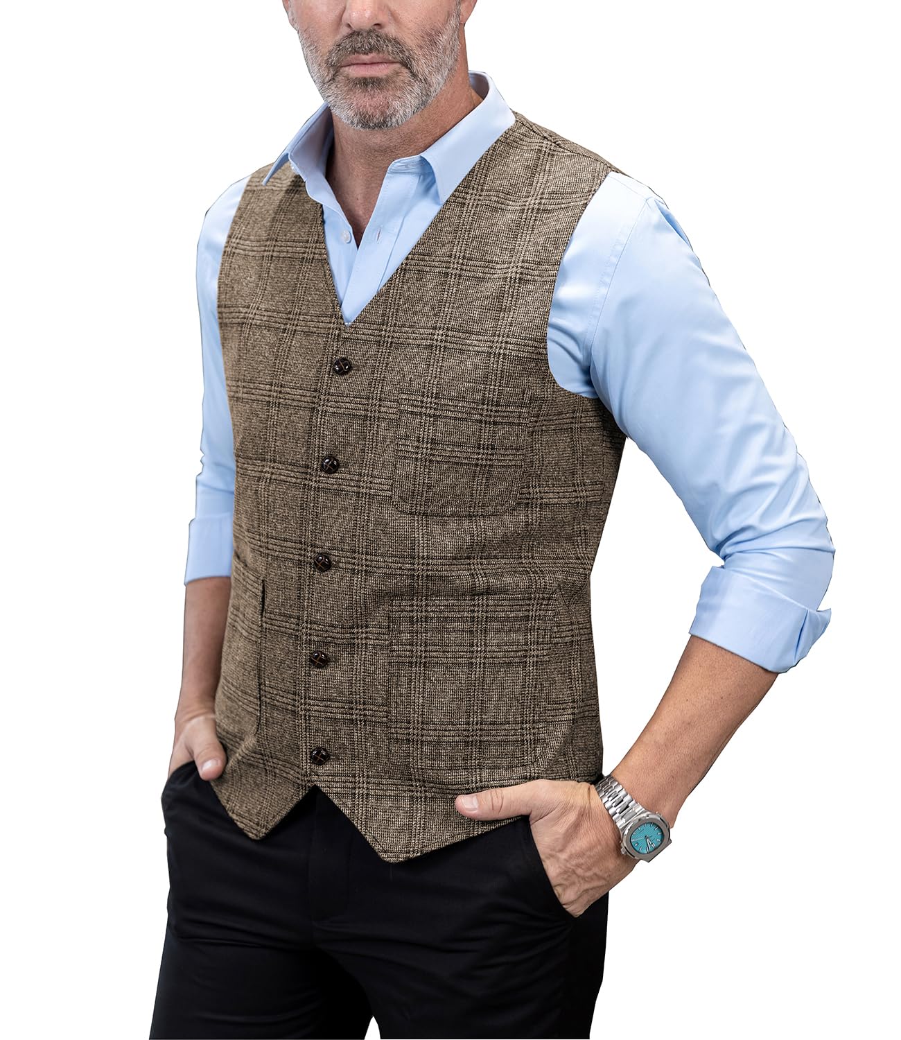 Mens Vintage Suit Vest Plaid Tweed Regular Fit Waistcoat for