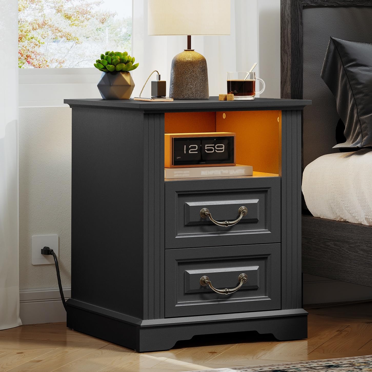 RALGEND Farmhouse Nightstand with Charging Station, Night Stand with 2 Drawers, End Tables Living Room, LED Bed Side Table with Open Shelf, End Table