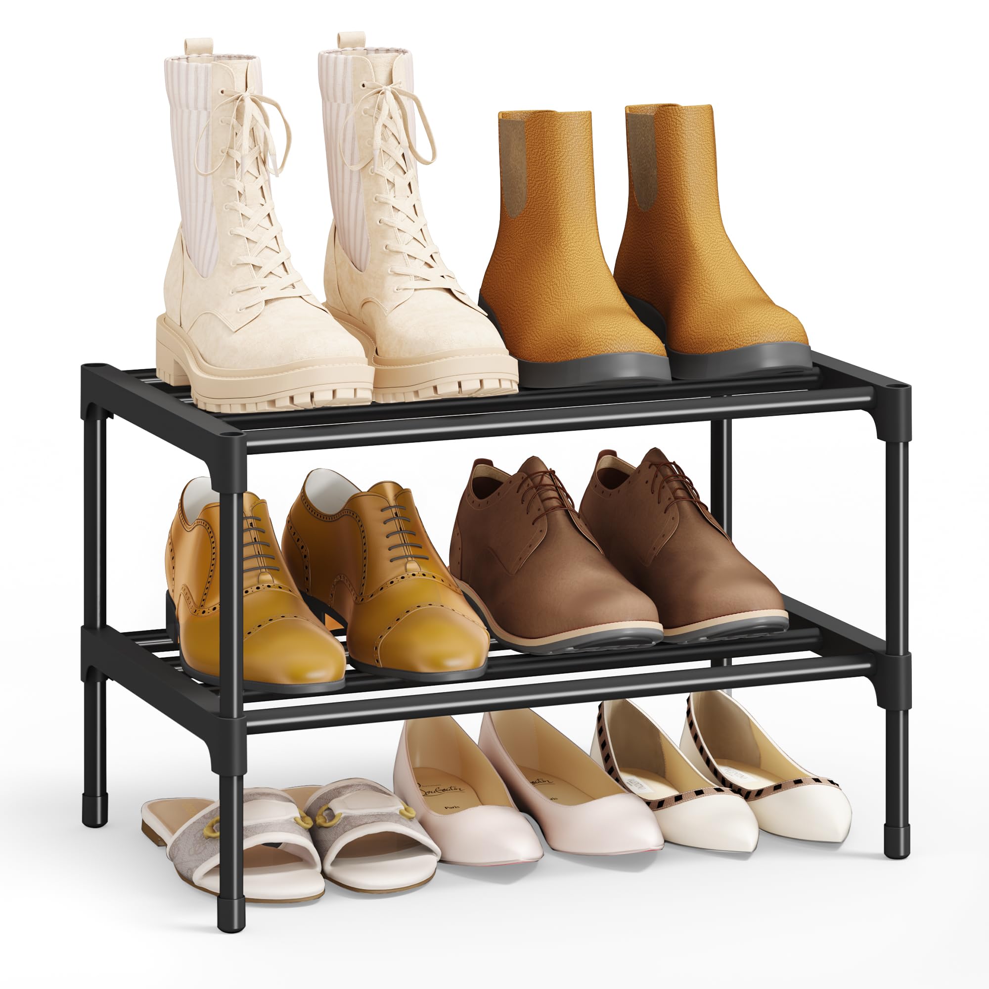 SONGMICS Shoe Rack 2 Tier Shoe Rack Narrow Shoe Organizer Metal Hallway Living Room Wardrobe Space Saving Stackable 30x45x31cm Black LSA112BH01