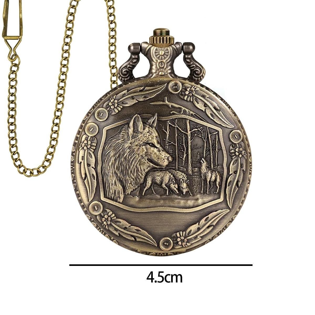 Mini set di dadi DND con orologio a forma di testa di lupo in rilievo, 7 dadi poliedrici in lega di zinco, catena in bronzo anticato, confezione regalo per giochi di ruolo da tavolo