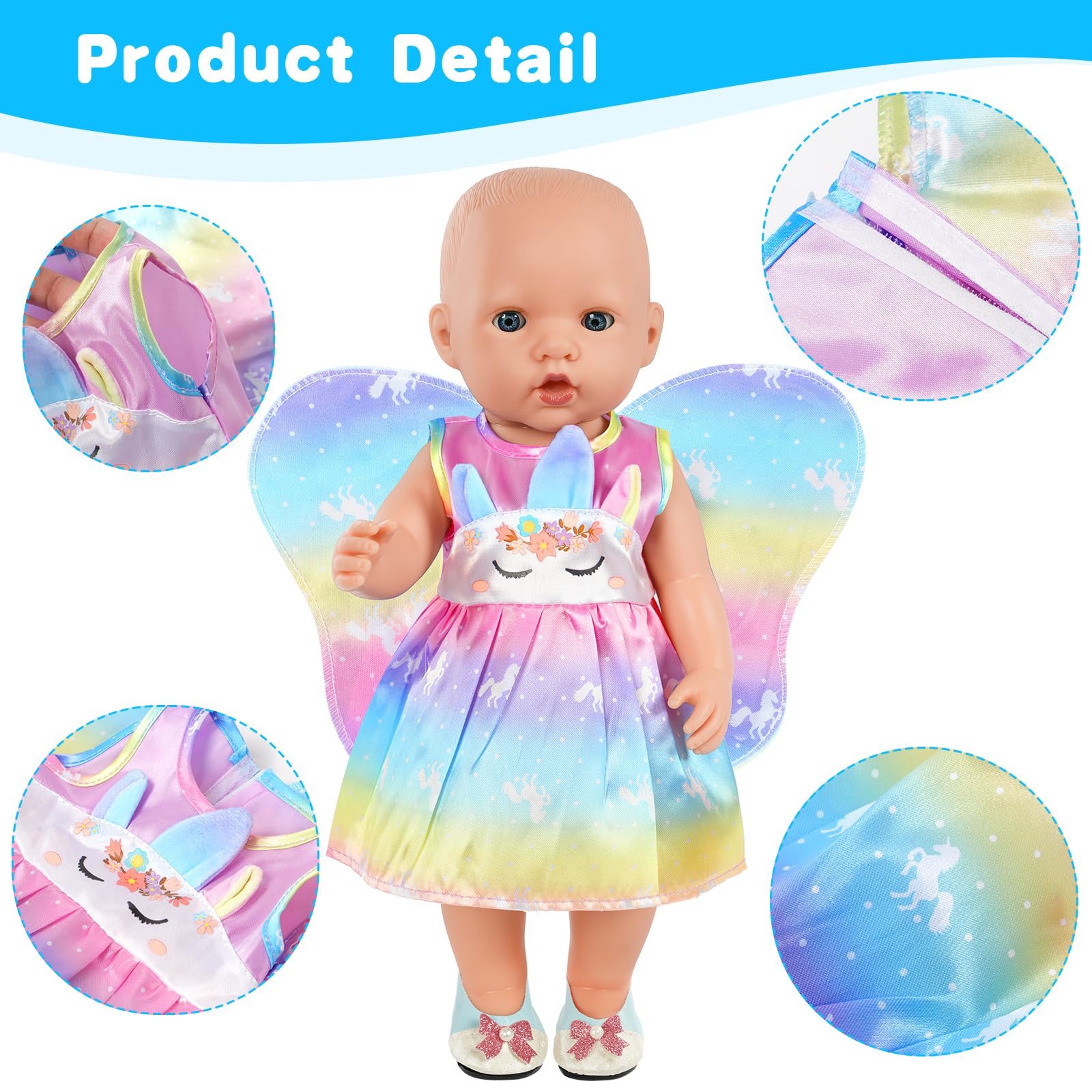 Aolso Vestiti per Bambole per New Born Baby Doll, Abito per Bambolotti 35-45CM, Vestito Stampa con Ala, con 1 paio di Scarpa e 1 Gruccia (Bambola non Inclusa)