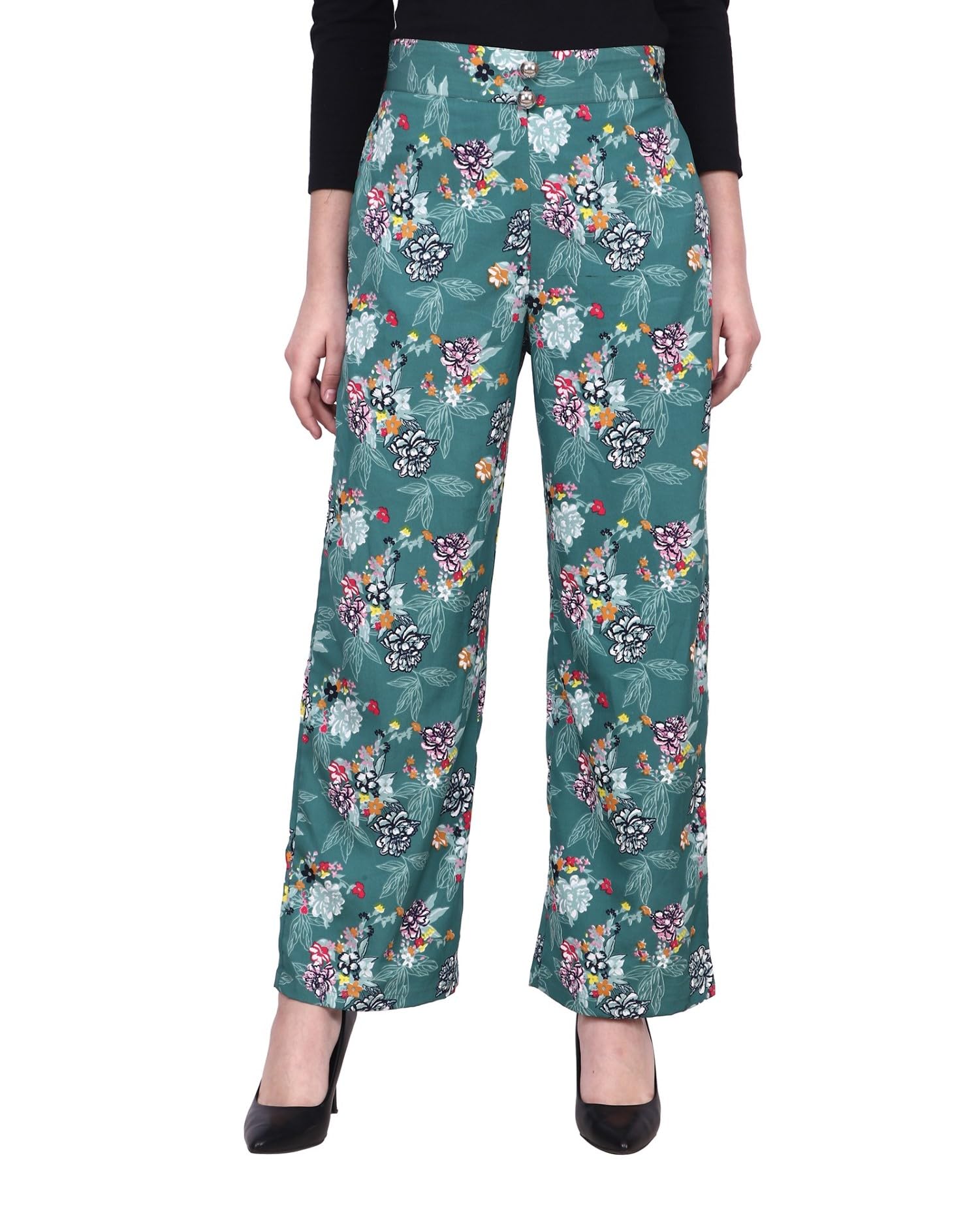 Popwings Casual Sea Green Floral Printed Regular Fit Palazzo For Women Palazzos For Women