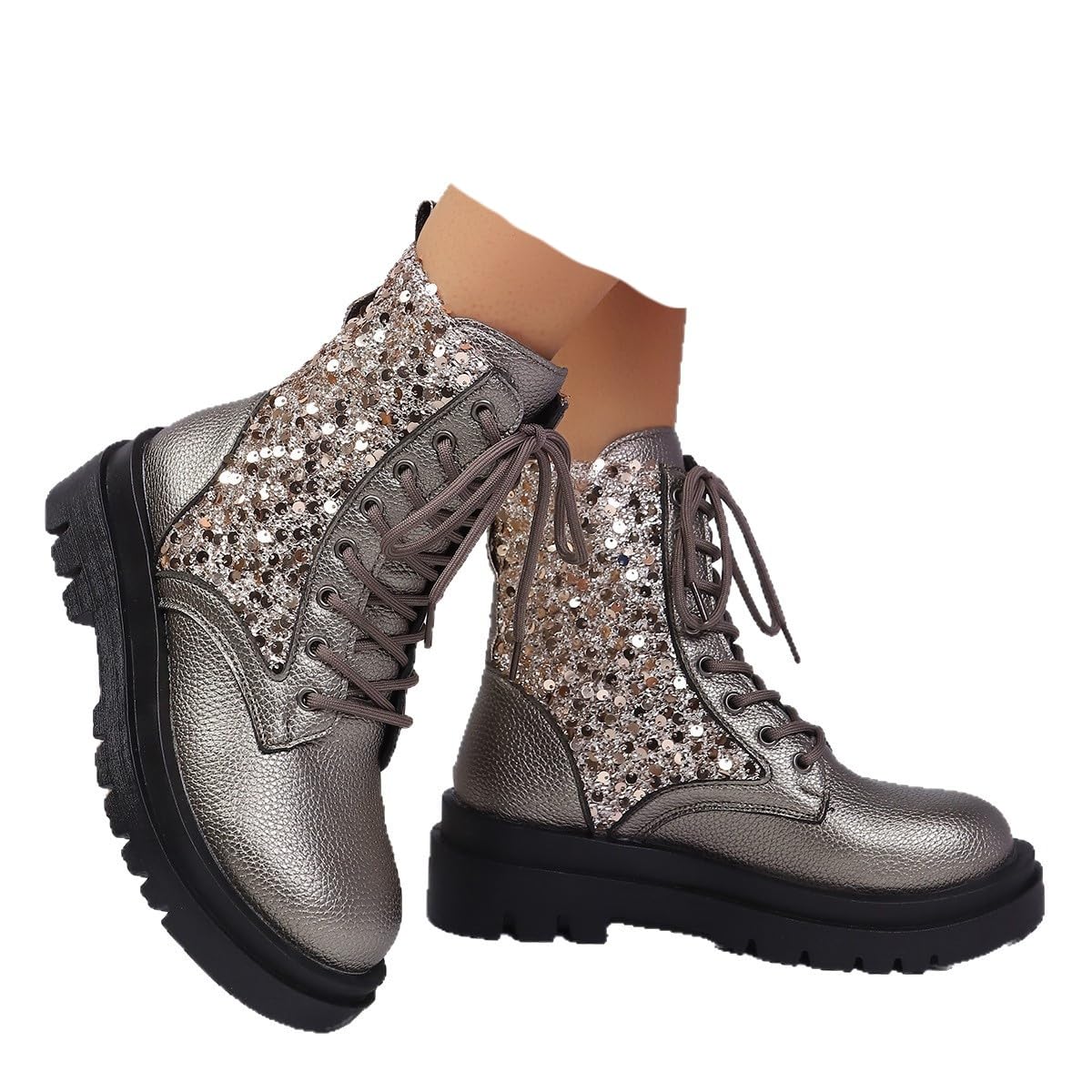 Womens Silver Glitter Sequin Combat Boots - Lace Up Sparkly Ankle Booties with Side Zipper Chunky Low Heel