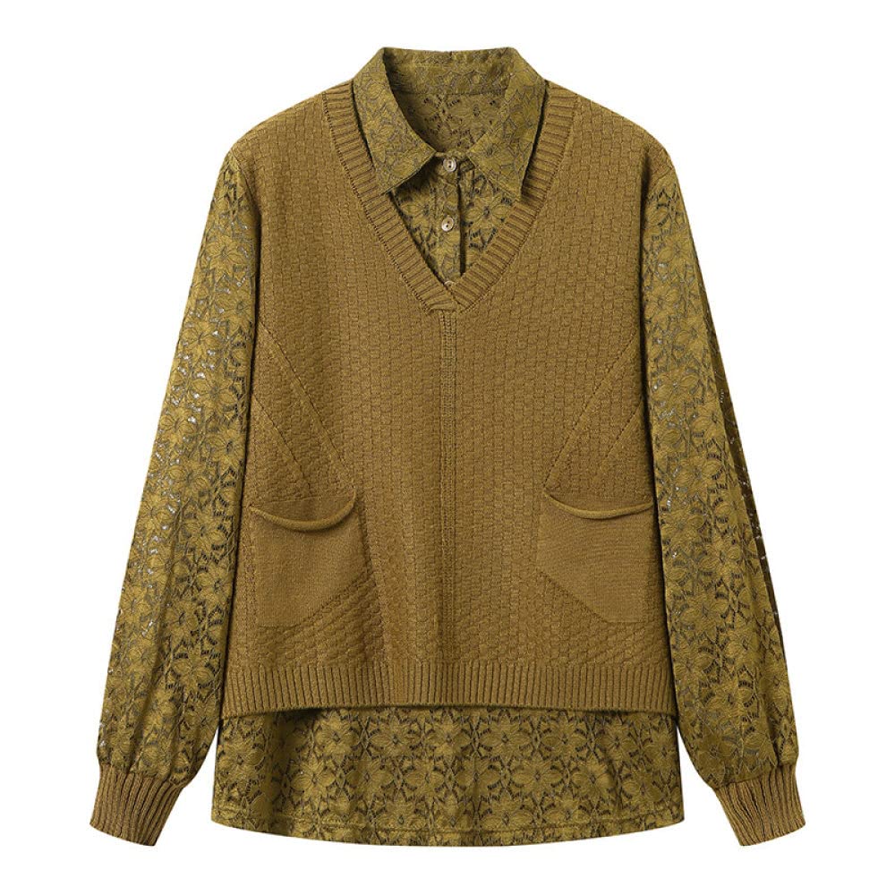 Chemisier Femme Chic Et Élégant,Chemise Femme Faux Deux Pièces Vintage Jaune Revers Transparent Dentelle Chemise Couture Col V Tricot Manches Longues Décontracté Élégant Haut Avec Poche Contr