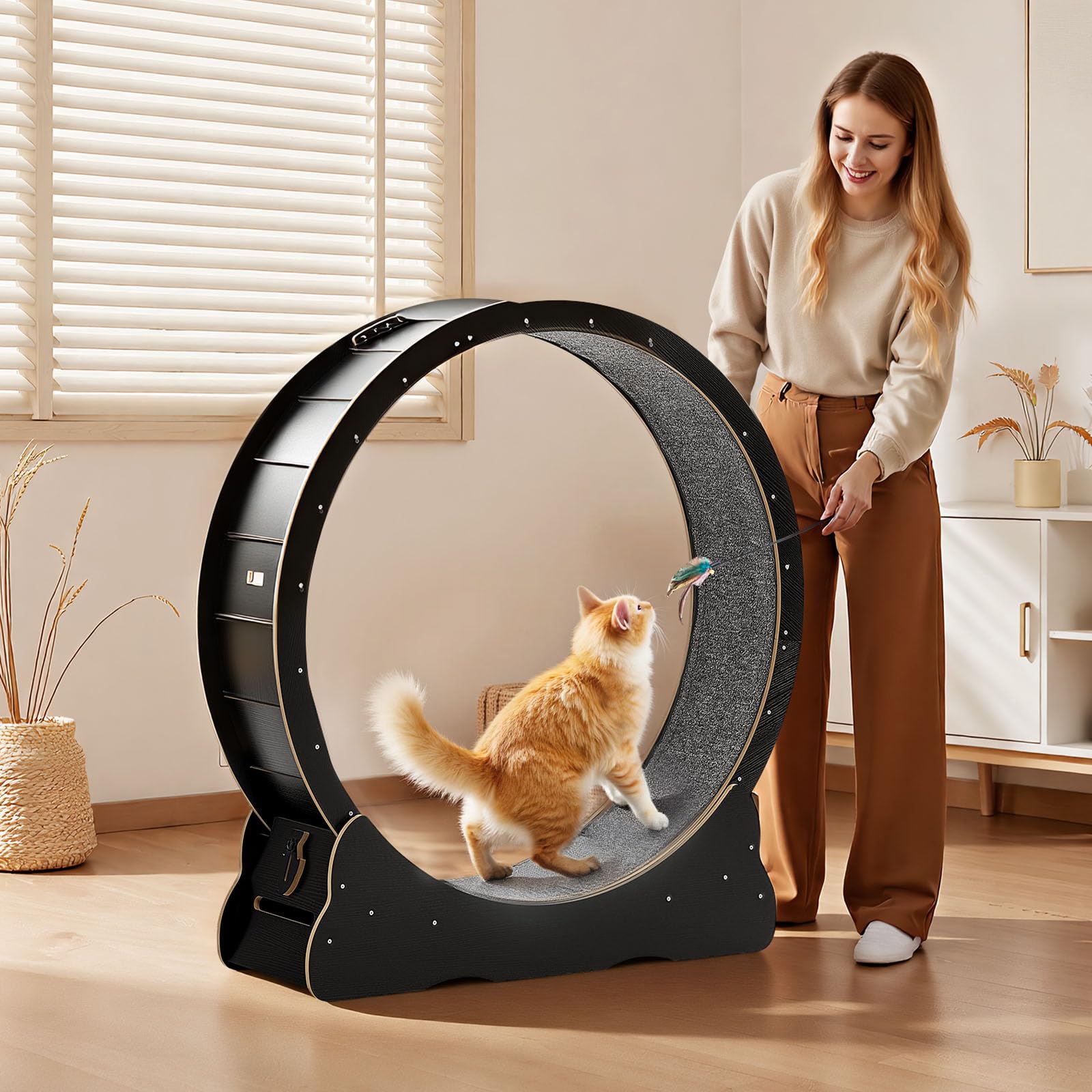VEVOR Ruota per Esercizi per Gatti, Ruota per Correre in Legno da 120 cm per Gattini da Interno Fino a 12,7 kg, con Pista in Moquette e Meccanismo di Bloccaggio, per Animali Domestici, Fitness Nero