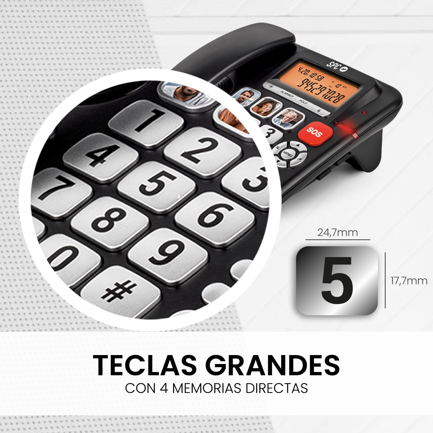 SPC Comfort Volume Pro – Teléfono Fijo para Mayores Teclas Grandes, Timbre Muy Alto y Pantalla iluminada | Volumen Llamada amplificable +20dB | Memorias directas, SOS y Compatible audífonos – Negro