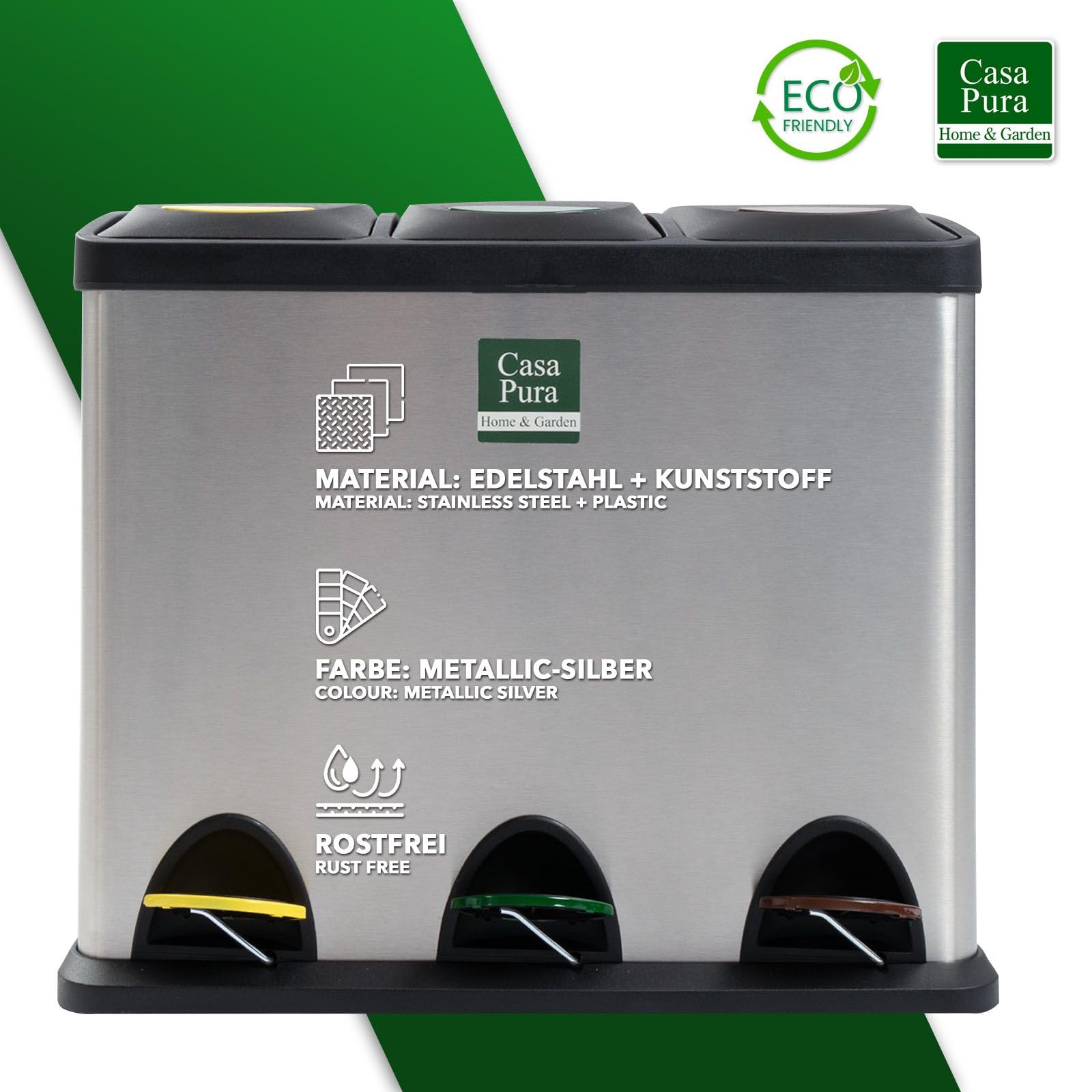 Floordirekt Cubo de Basura Con 2 o 3 Compartimentos, 24 L, de Acero Inoxidable, Incluye 15 Bolsas, Para Cocina, Papel y Basura Orgánica