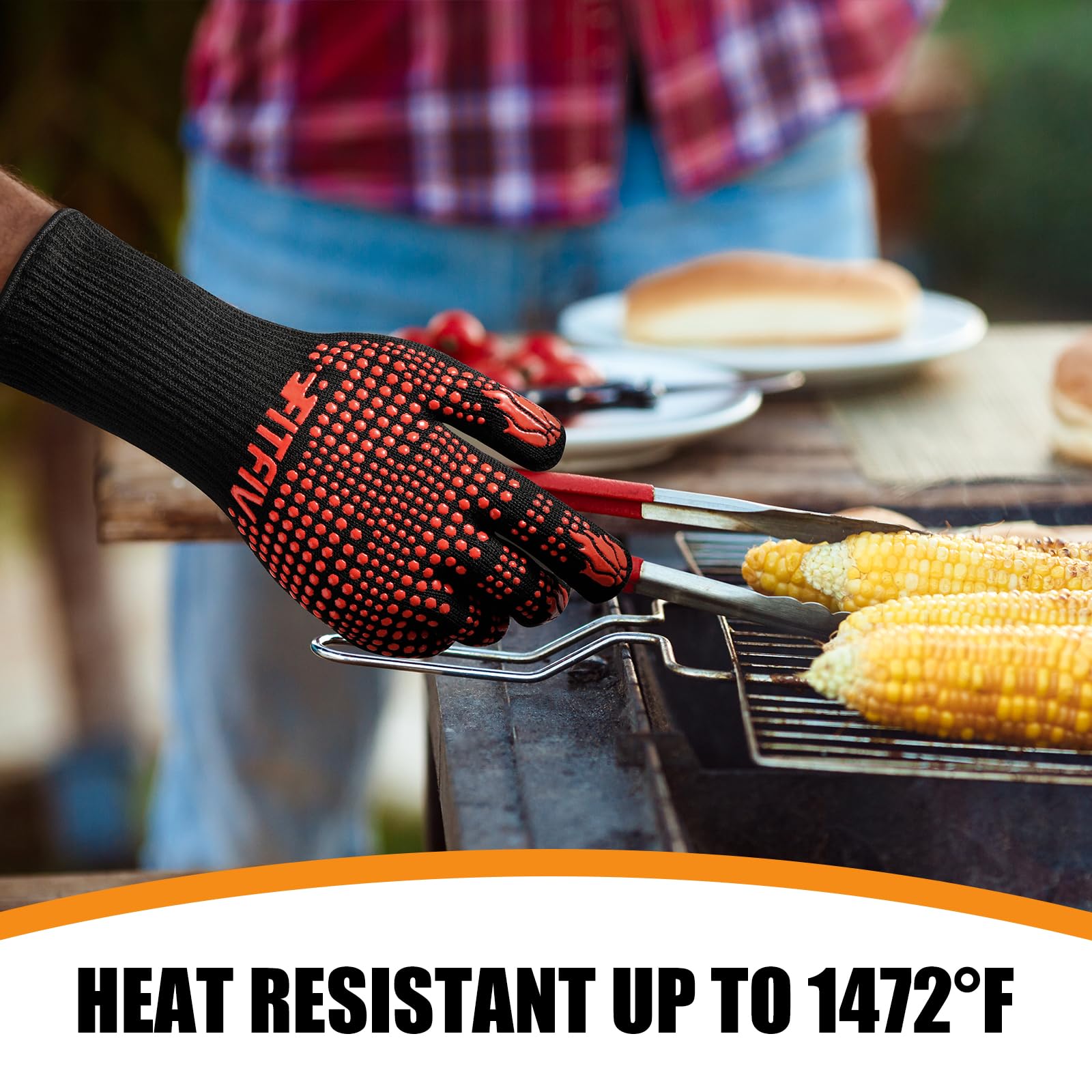 Guanti da barbecue resistenti al calore fino a 800 °C, in silicone, antiscivolo, adatti per grigliare, cuocere, cucinare e campeggio all'aperto (rosso)