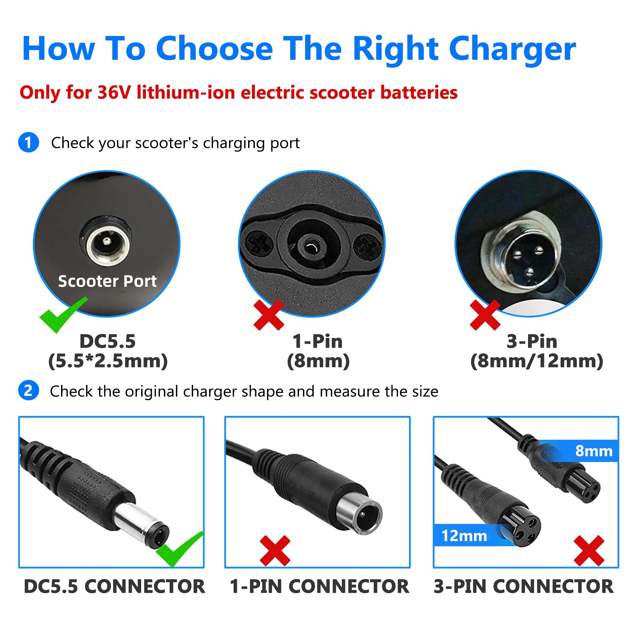 Xahpower Ładowarka do skutera elektrycznego, adapter 42 V 2 A kompatybilny z Hiboy S2 Lite S2 Pro GOTRAX V2 G2 G3 G4 rower elektryczny z baterią 36 V (złącze 5,5 mm x 2,5 mm)