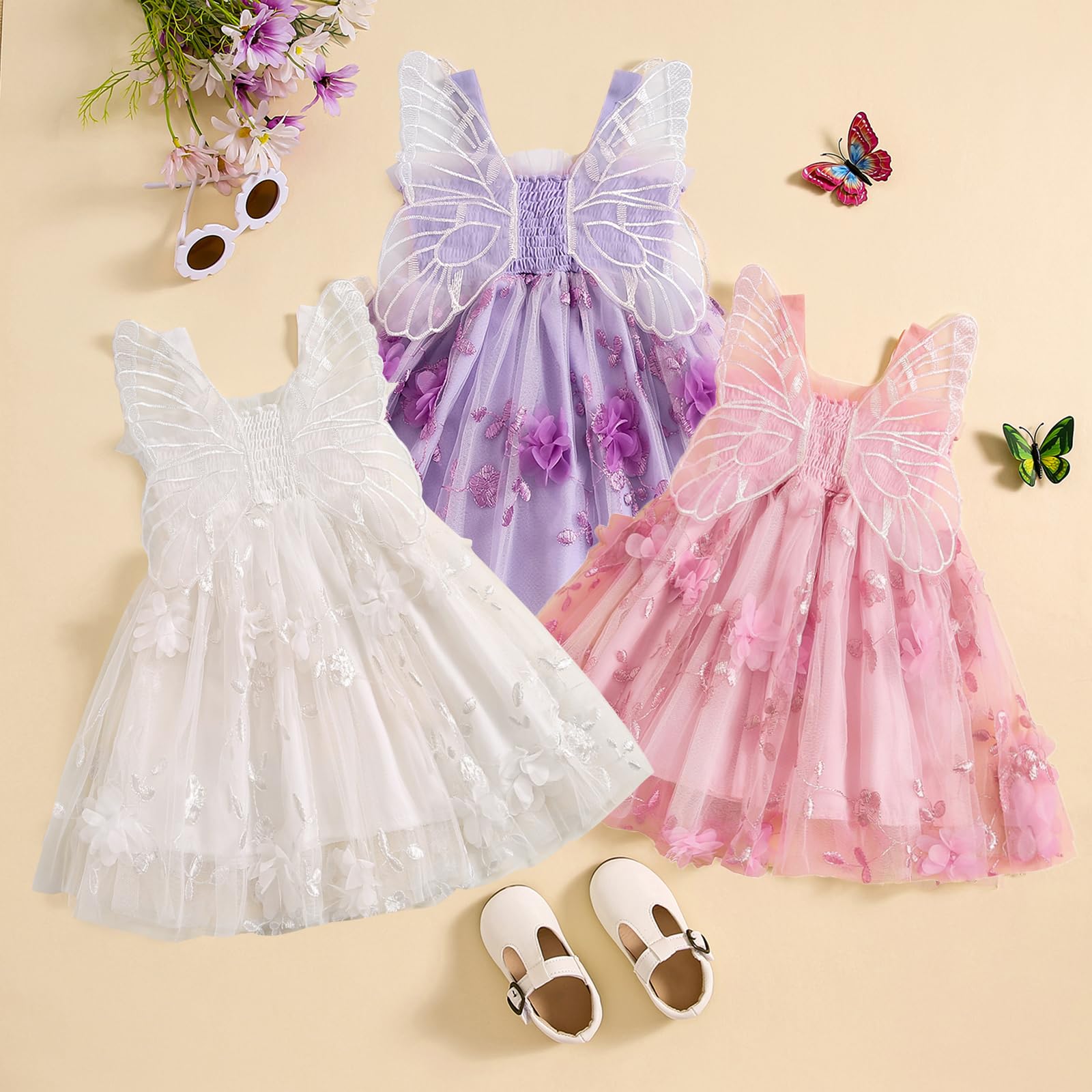 Baby Girls Layered Tulle Wings Dress Mesh Flower Butterfly Skirt Princess Sleeveless Birthday Tutu Party Dresses (Purple, 2-3 Years)
