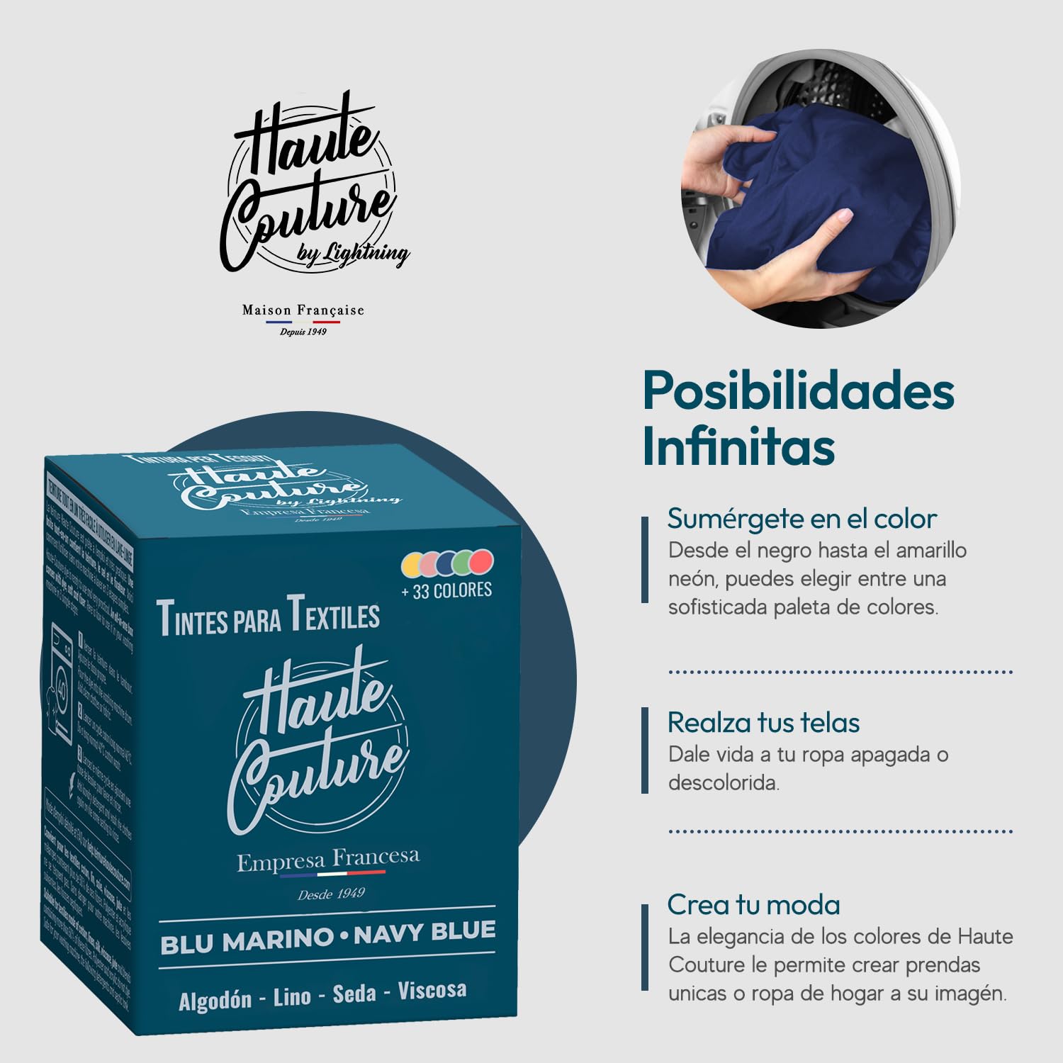 Haute Couture - Tinte para Ropa y Textil Azul - Azul Marino - 350g - Tinte Textil Todo en uno - Listo Para Teñir Ropa y Tejidos