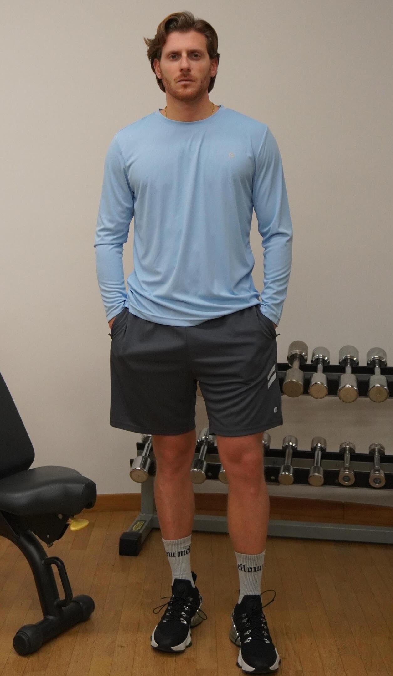 PINSPARK Męska koszulka sportowa z długim rękawem, szybkoschnąca, wydajna, idealna do treningu, biegania, oddychająca i odporna na promieniowanie UV, okrągły dekolt