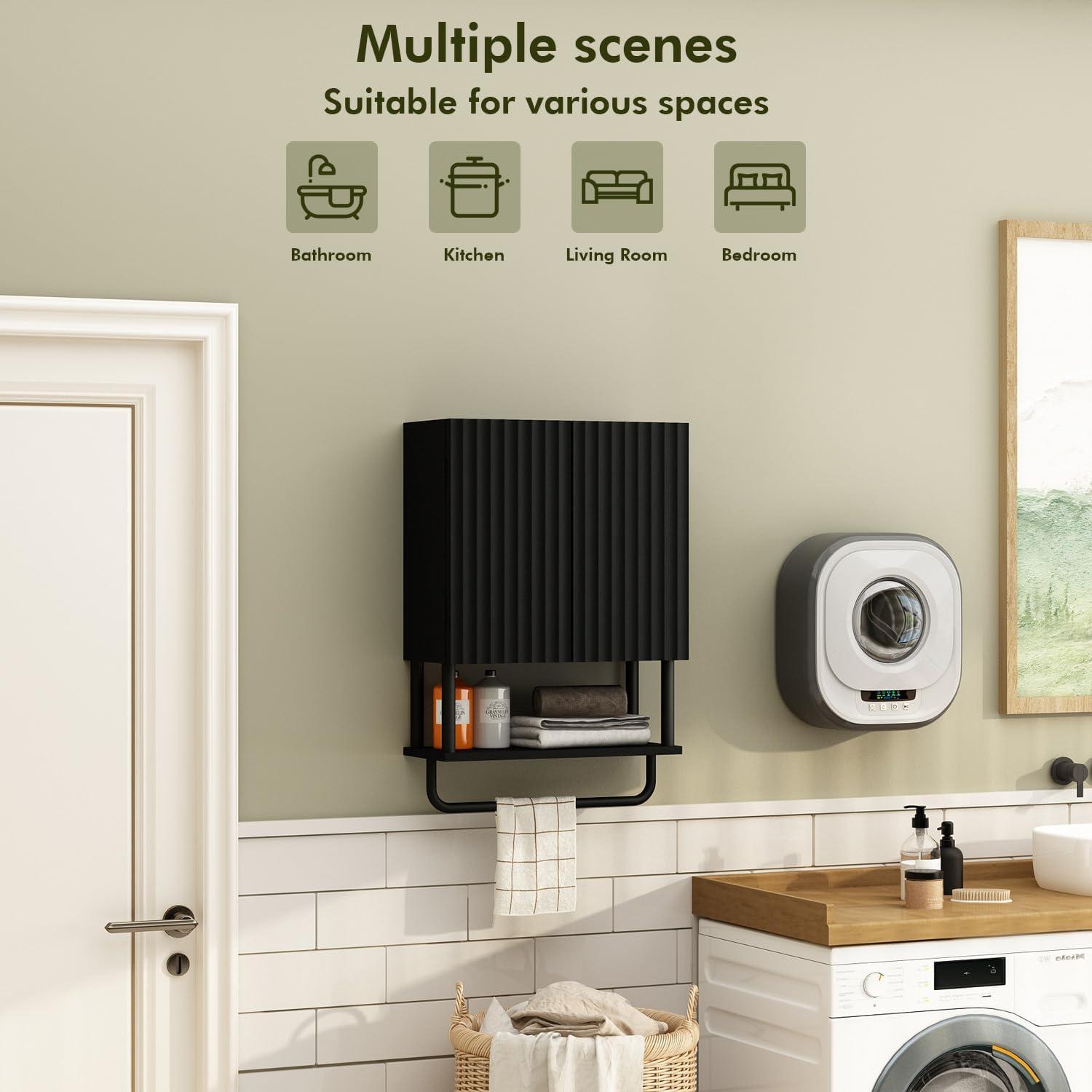 RUSTOWN Fluted Bathroom Wall Cabinet with 2 Doors, 3-Tier Modern Farmhouse Medicine Cabinet, Over The Toilet Storage Cabinet with Adjustable Shelf and Towel Bar(Black, Small)