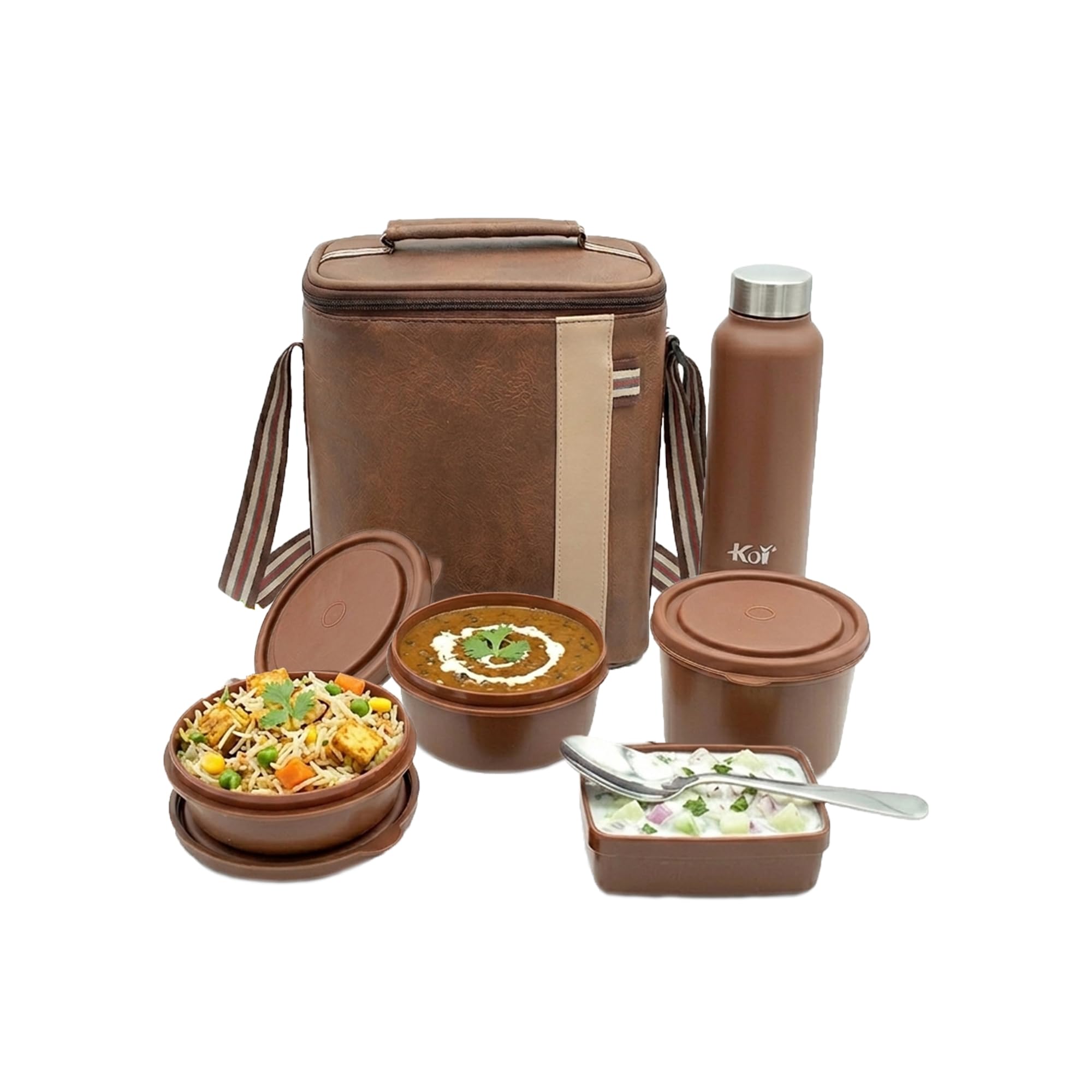 KOI Lonchera de lujo con bolsa aislada y cubiertos de acero, 3 recipientes de acero aptos para microondas sin BPA (290 ml, 450 ml, 600 ml), caja de pepinillos (180 ml), botella de agua de acero (750