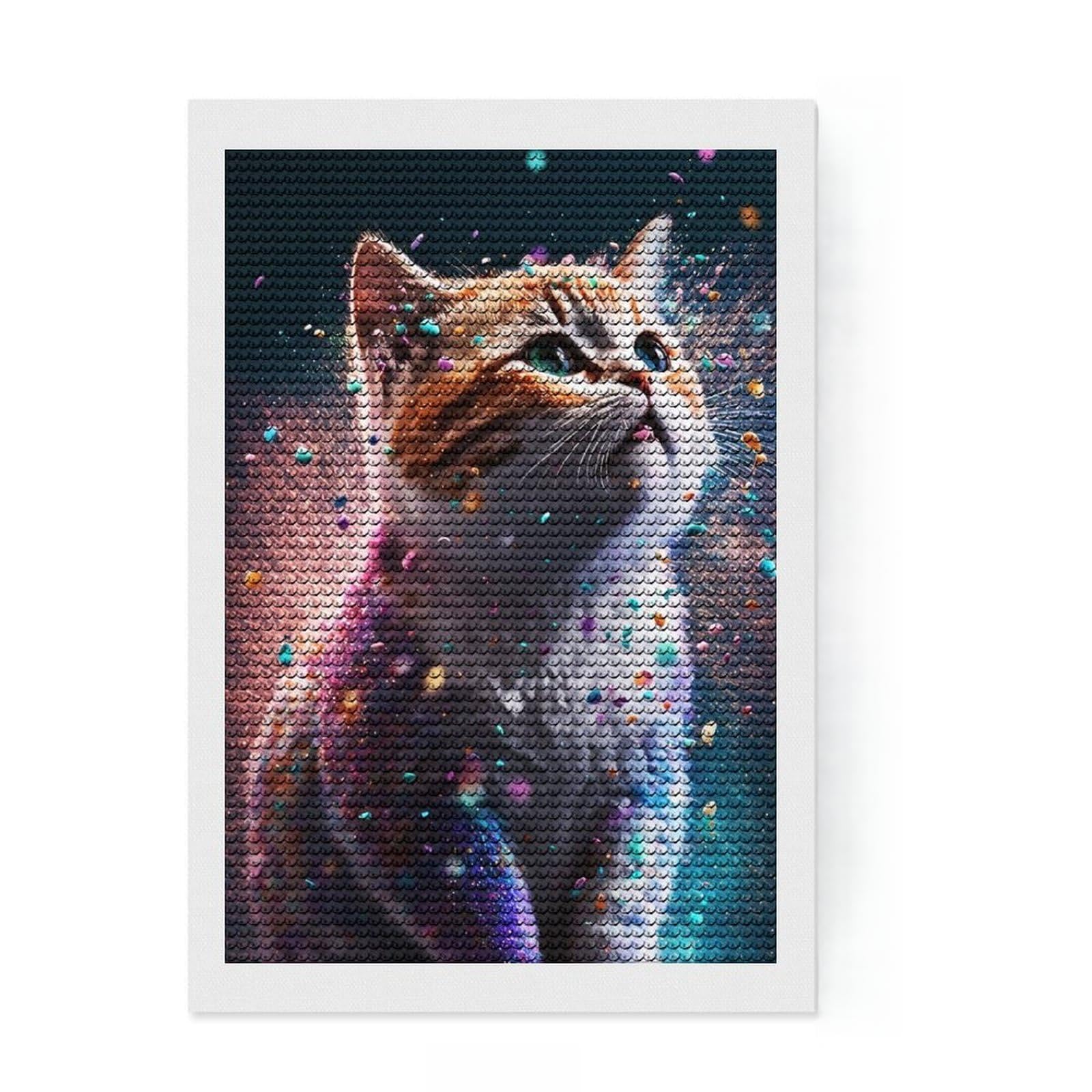 Junmoney Cat Rainbow Bright Diamond Painting Kit 8"x12", with Tool Kit, Finish and Display, Vintage Style Decor, Thoughtful Handmade Gift