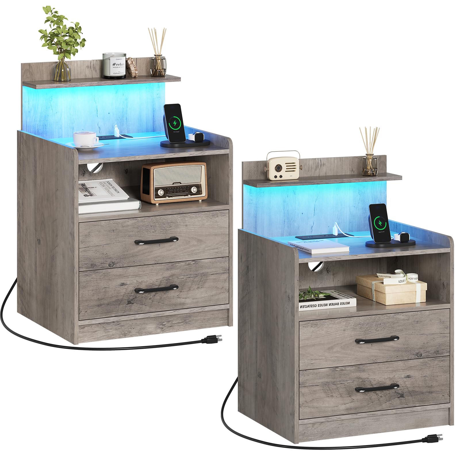 Night Stands Set of 2, Nightstand with Charging Station, LED Bedside Table with 2 Drawers, Modern Side End Table with Open Shelf for Bedroom, Grey