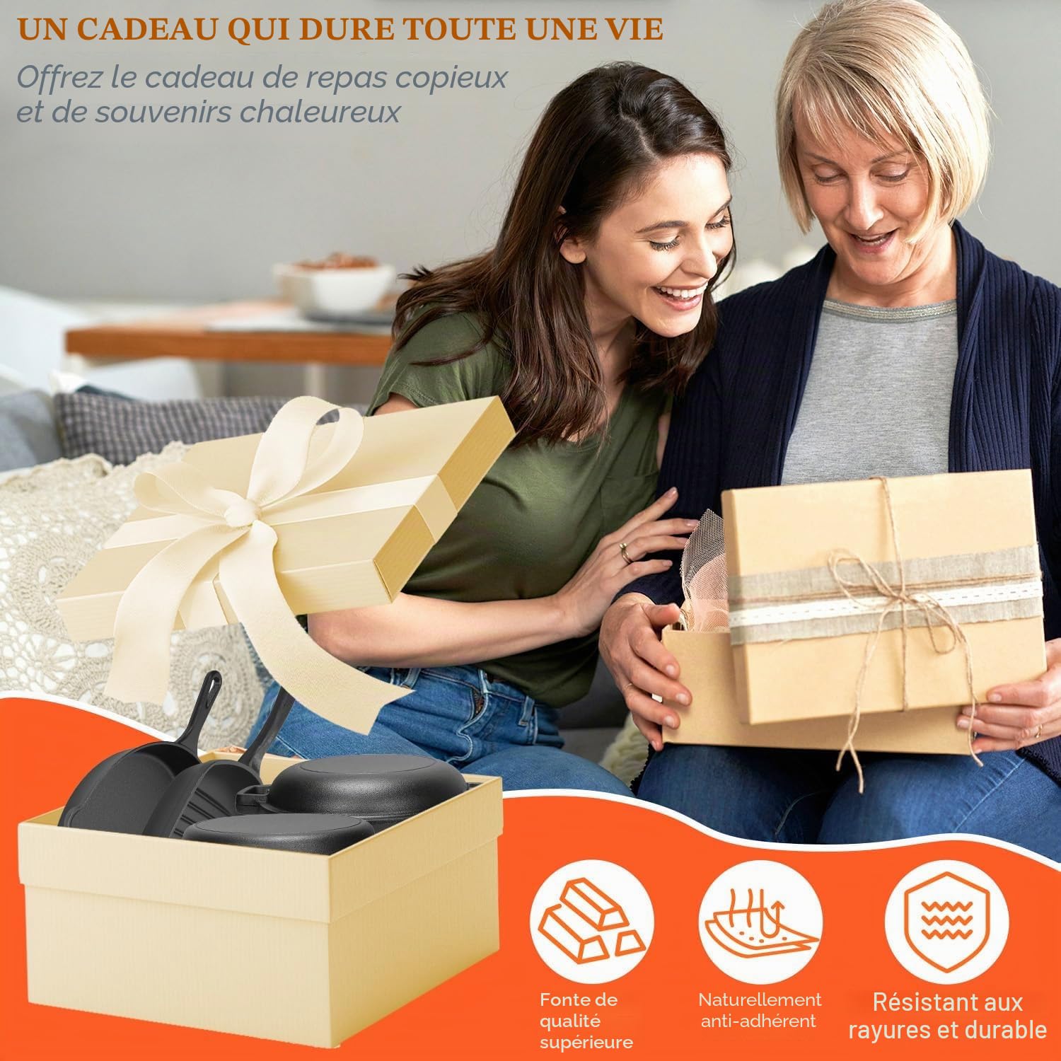 GFTIME Lot de 5 ustensiles de cuisine en fonte avec Dutch Oven 5 QT, cocotte 3,2 QT avec couvercle de poêle, poêle à griller 28 cm, poêle à frire 30,5 cm, pour cuisinière, four, barbecue, camping