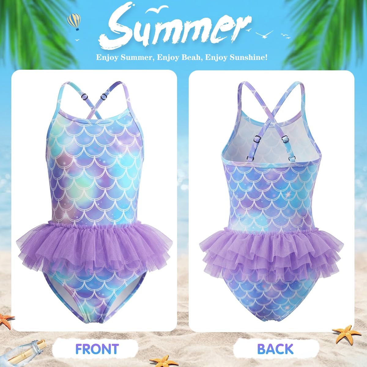 Bañador Niña, Traje de Baño de Una Pieza para Niñas 4 en 1, Ropa de Baño Sirena con Gorro, Gafas de Sol y Tatuajes, Tirantes Ajustables, Ideal para Playa y Piscina, Natación Verano