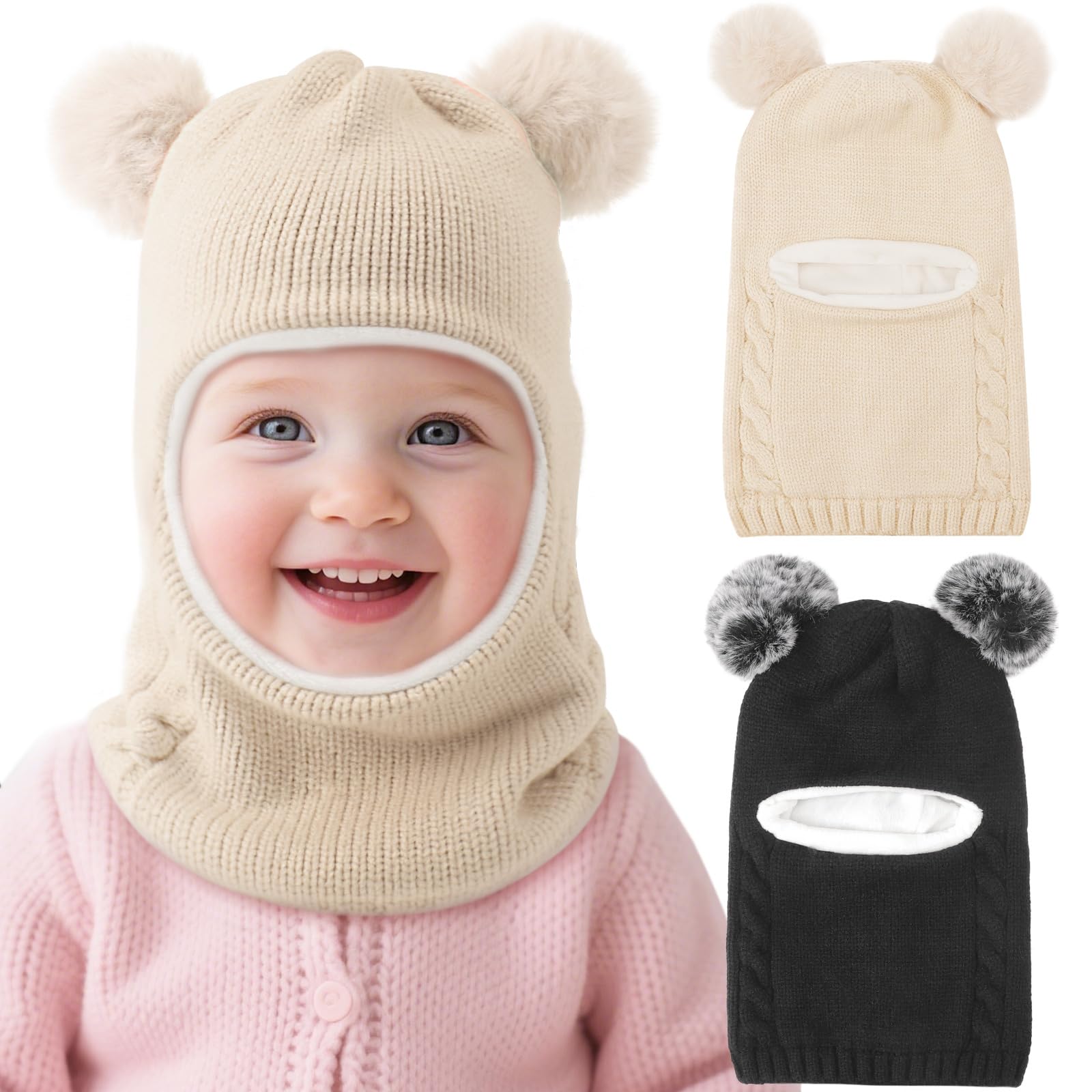 Dreshow Girls 2 Pc: Beige And Black Kids Winter Warm Hat Scarf Baby Earflap Beanies Hood Pom Pom Toddler Hat Windproof Balaclava Kids 2-5 Years