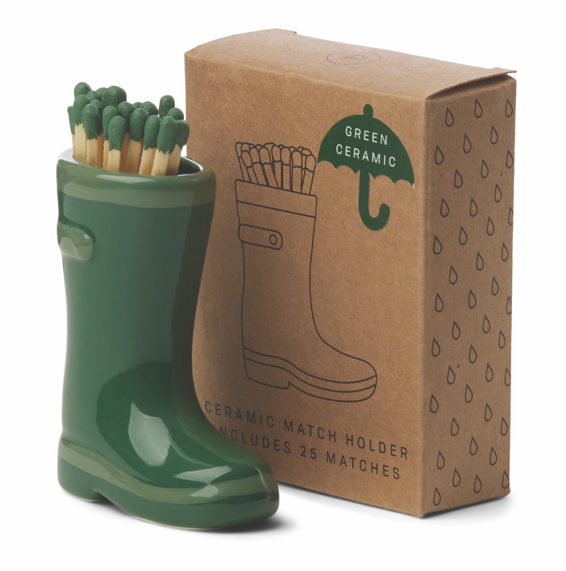 Paddywax Dark Green Match Holder With Striker Glossy Ceramic Wellington Boot With Safety Matches Included, 25-Count,