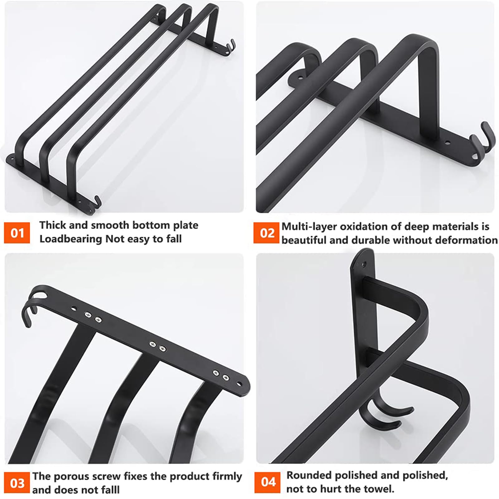 LYGXWJFC Toallero Toallero Negro Mate, toallero de Ducha de Aluminio Grueso Que Ahorra Espacio, toallero montado en la Pared del baño con Ganchos, con o sin perforación, para baño