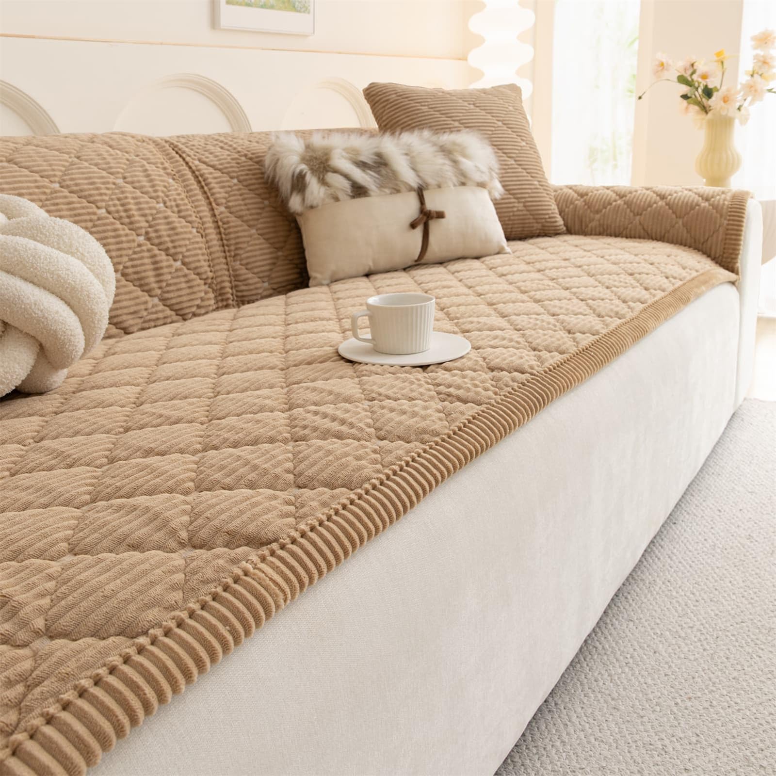 LINGKY Sofa Covers 1 2 3 4 Seater Non Slip Sofa Slipcovers Super Soft Fuzzy Sofa Cushion Covers Pet-Friendly Couch Covers Sofa Protectors from Pets/Kids/Dogs (Coffee, 90x120cm)