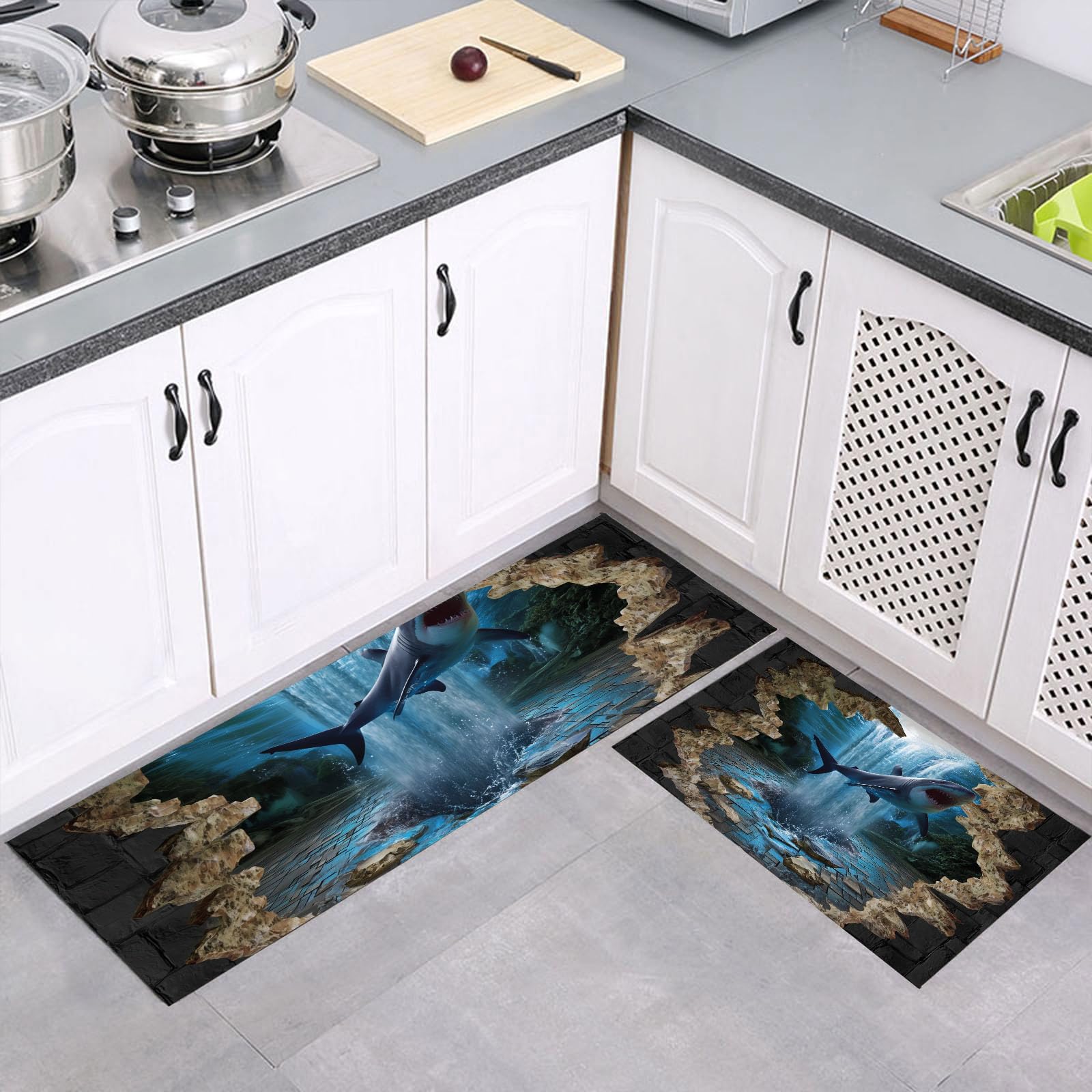 Alfombras de cocina de tiburón 3D para dar un toque moderno, alegre y seco a tu hogar