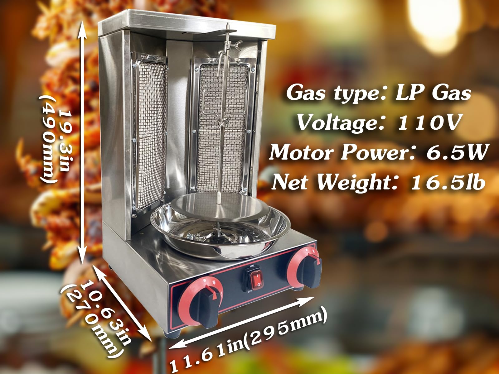 INTSUPERMAI Shawarma Grill Machine LP Gas Doner Kebab Machine Vertical Broiler Gyro Machine with 2 Burners Meat Roasting Machine for Home Commicial Restaurant Use