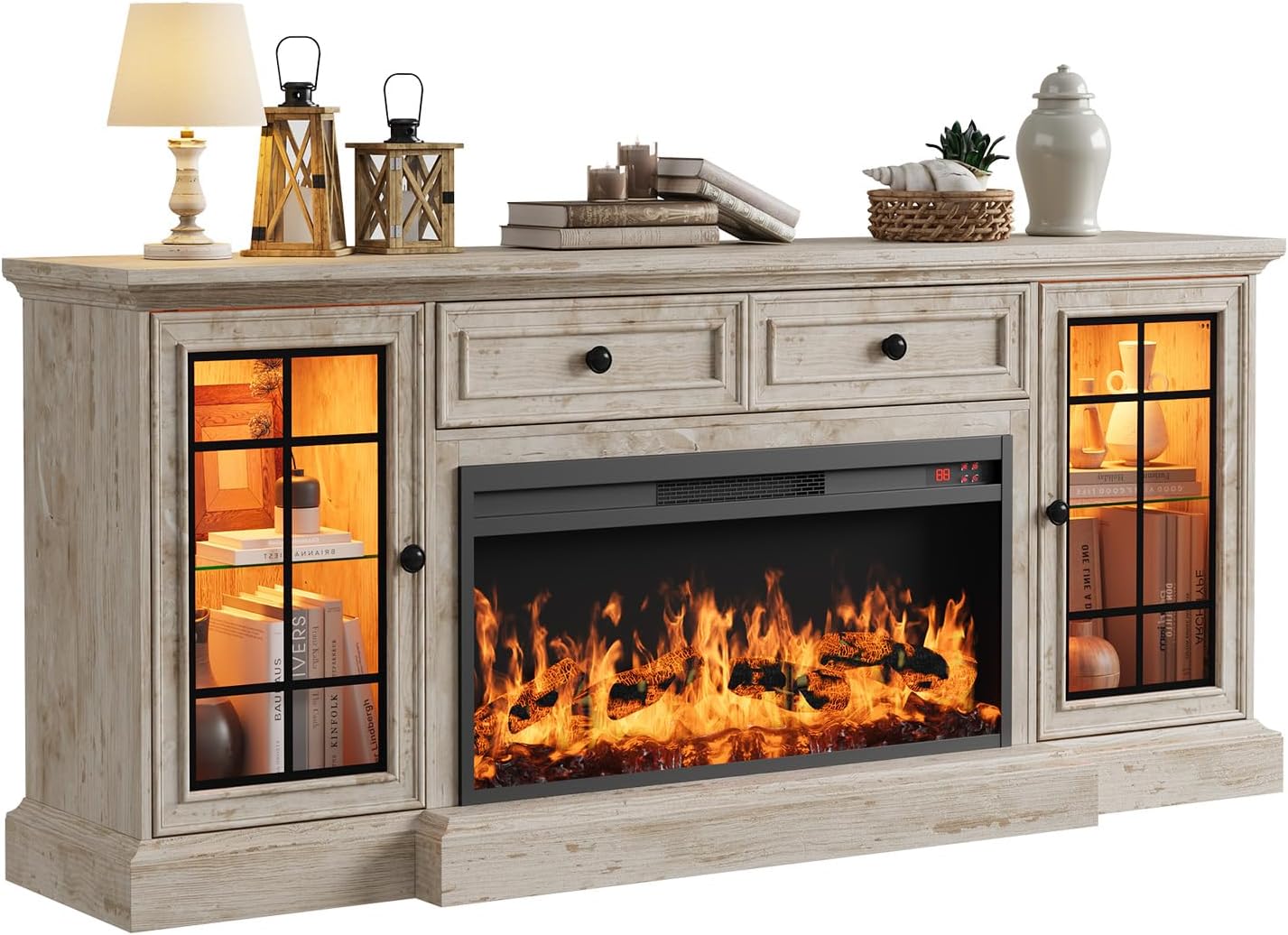 Fireplace TV Stand Up to 80" TVs, 70'' Modern Entertainment Center with 36" Electric Fireplace & LED Lights, Farmhouse Media Console with Storage Cabinet & Drawer for Living Room, Antique Brush Grey - Thumbnail 2