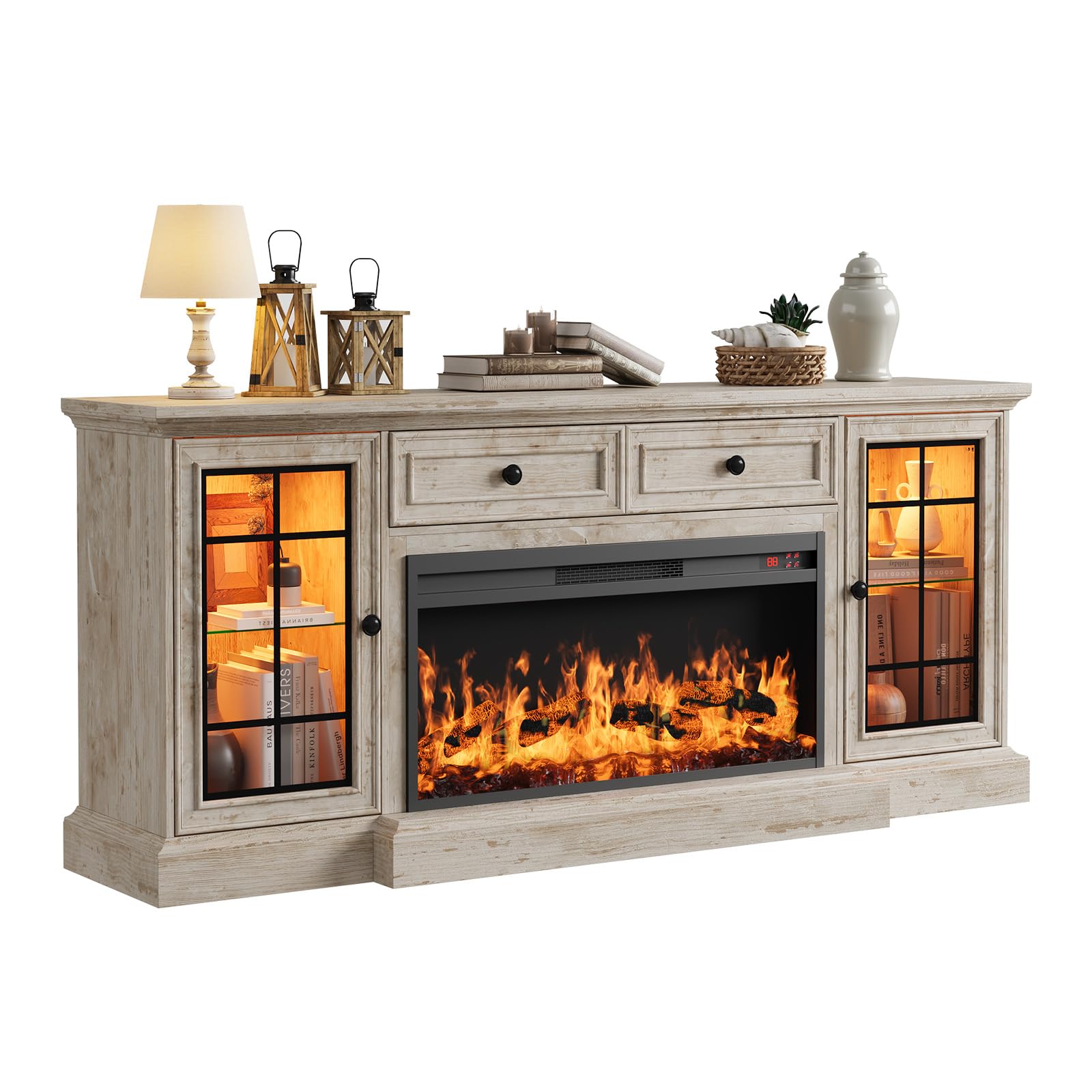 Fireplace TV Stand Up to 80" TVs, 70'' Modern Entertainment Center with 36" Electric Fireplace & LED Lights, Farmhouse Media Console with Storage Cabinet & Drawer for Living Room, Antique Brush Grey ( INCOMPLETE BOX B ONLY THIS BOX CONTAINS FIREPLACE)