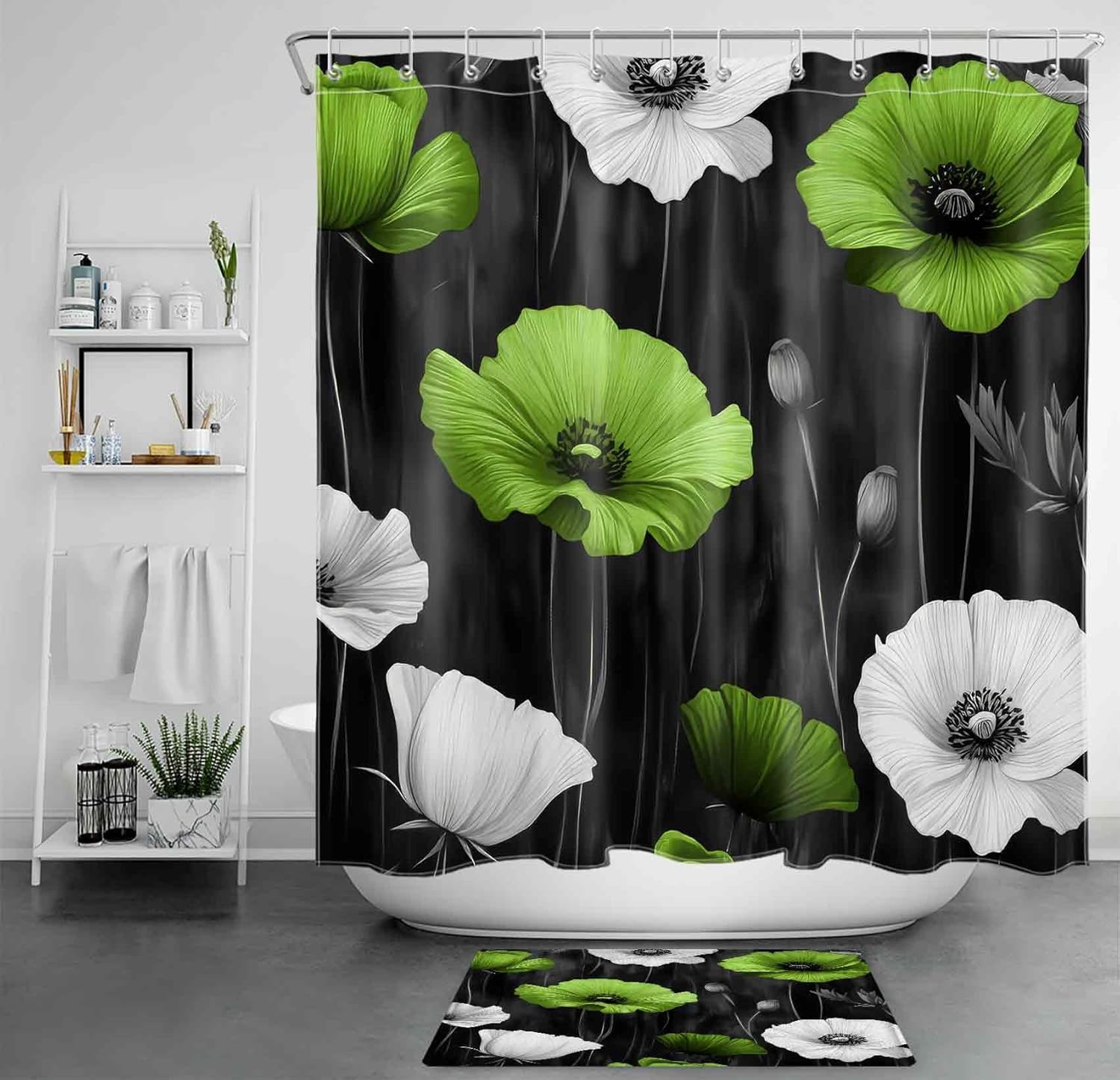 LB Aesthetic Floral Shower Curtain, Rustic Green and White Flower Modern Black and Grey Shower Curtain and Rug Set, Washable Waterproof Fabric Bathroom Curtains with Hooks,72x72 inch
