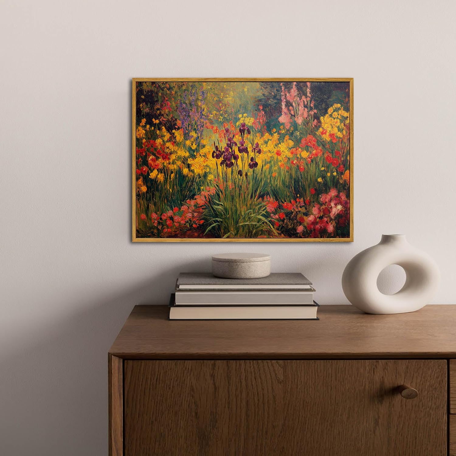 Mifure Vibrant Impressionist Floral Garden Canvas Wall Art - Colorful Iris Gladiolus Print for Living Room Bedroom Office Decor - Framed Ready to Hang 12x16 Inches
