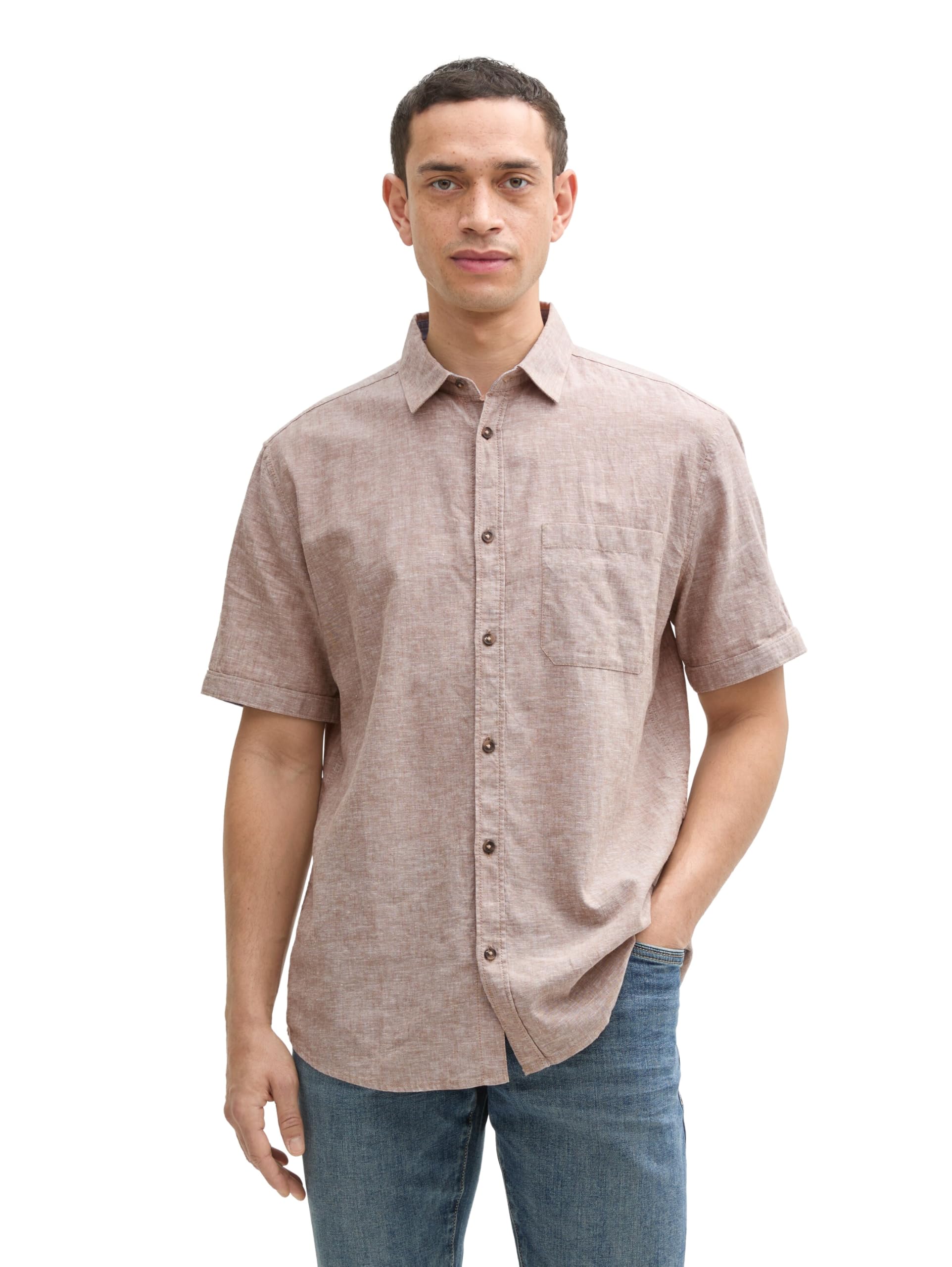 Tom Tailor Herren Regular Fit Kurzarmhemd mit Leinenanteil