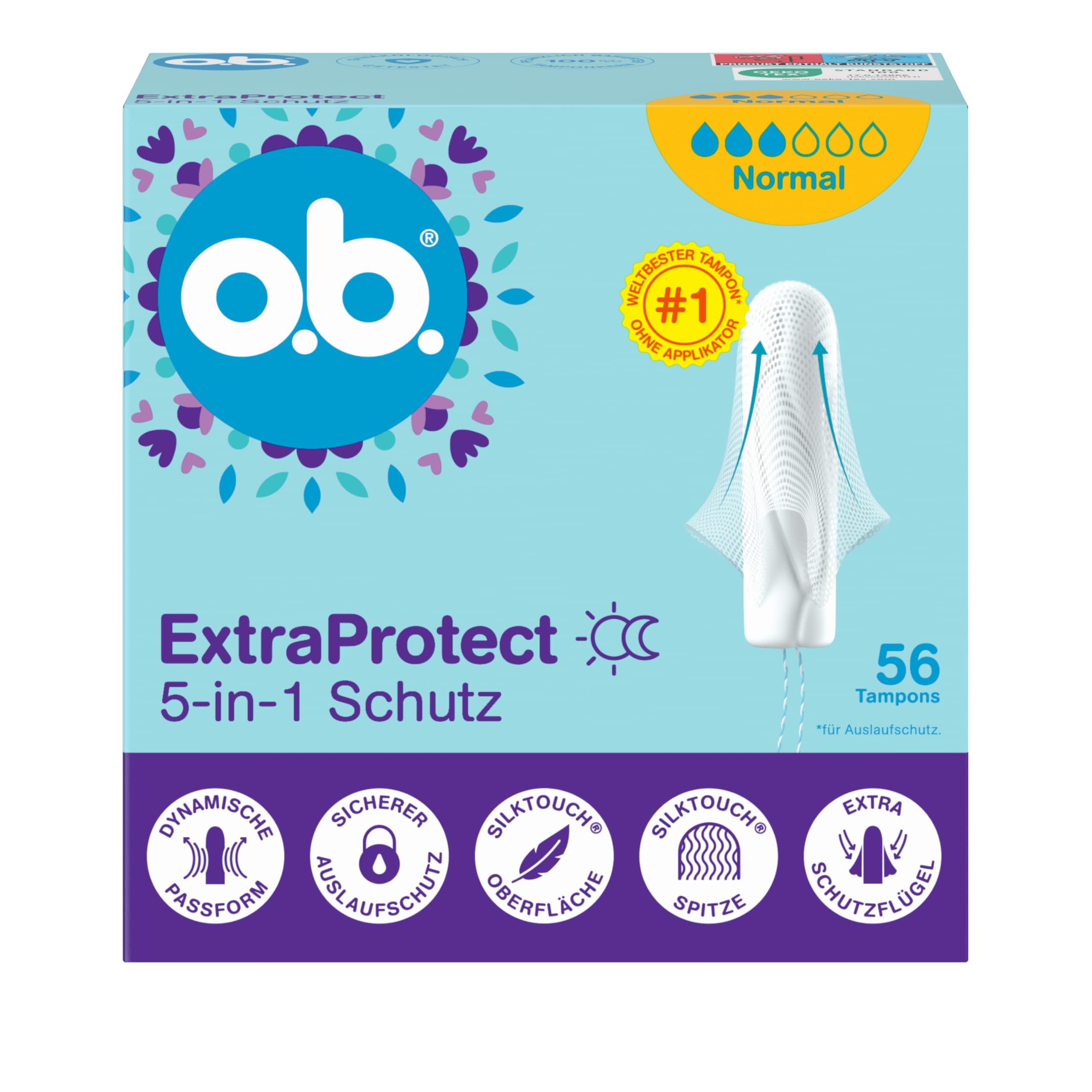o.b. ExtraProtect 5 w 1 tampony ochronne (1 x 56 szt.) z dodatkowymi skrzydłami ochronnymi dla najlepszej na świecie niezawodnej ochrony przed wyciekiem i komfortu