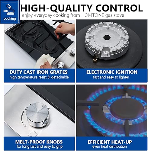 Miniatura 6 de Homtone Placa de cocina de gas, 2 quemadores, estufa de gas integrada de 12 pulgadas, encimera de gas de vidrio templado, convertible, NGLPG,
