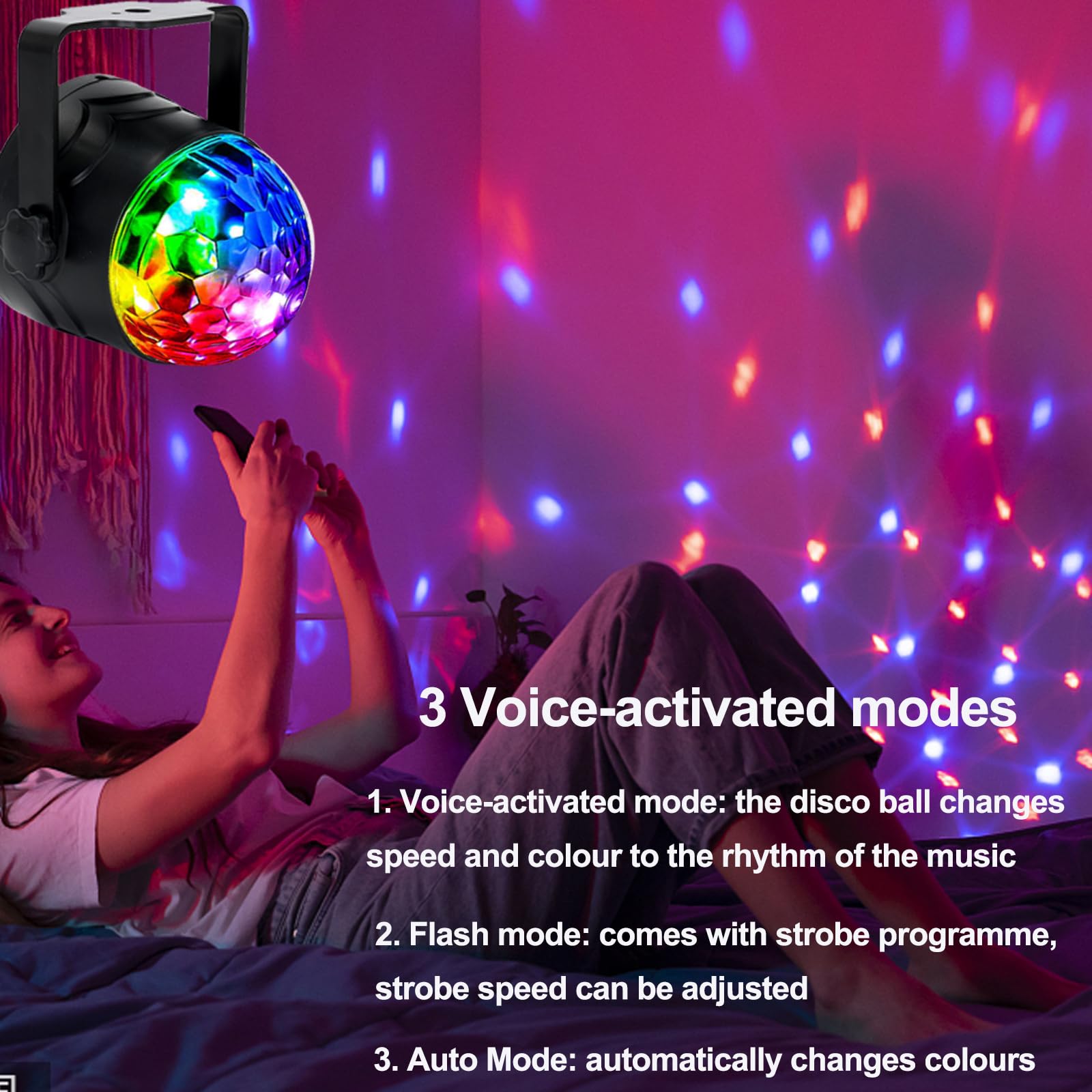 Luci Discoteca LED - 360° Ruotabile Palla da Discoteca Luci da Festa a Ritmo di Musica Luce Discoteca Stroboscopica 7 Colori RGB con Telecomando e Cavo USB per Casa, KTV, Bar, Feste, DJ, Car, Natale