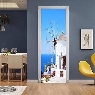 A.Monamour Sticker Porte Autocollant Poster De Porte 3D Moulin À Vent sur L'Île De Santorin Ciel Bleu Nature Paysage Vinyle Affiche De Porte Sticker Mural Papier Peint Art Décor 85 x 200 cm