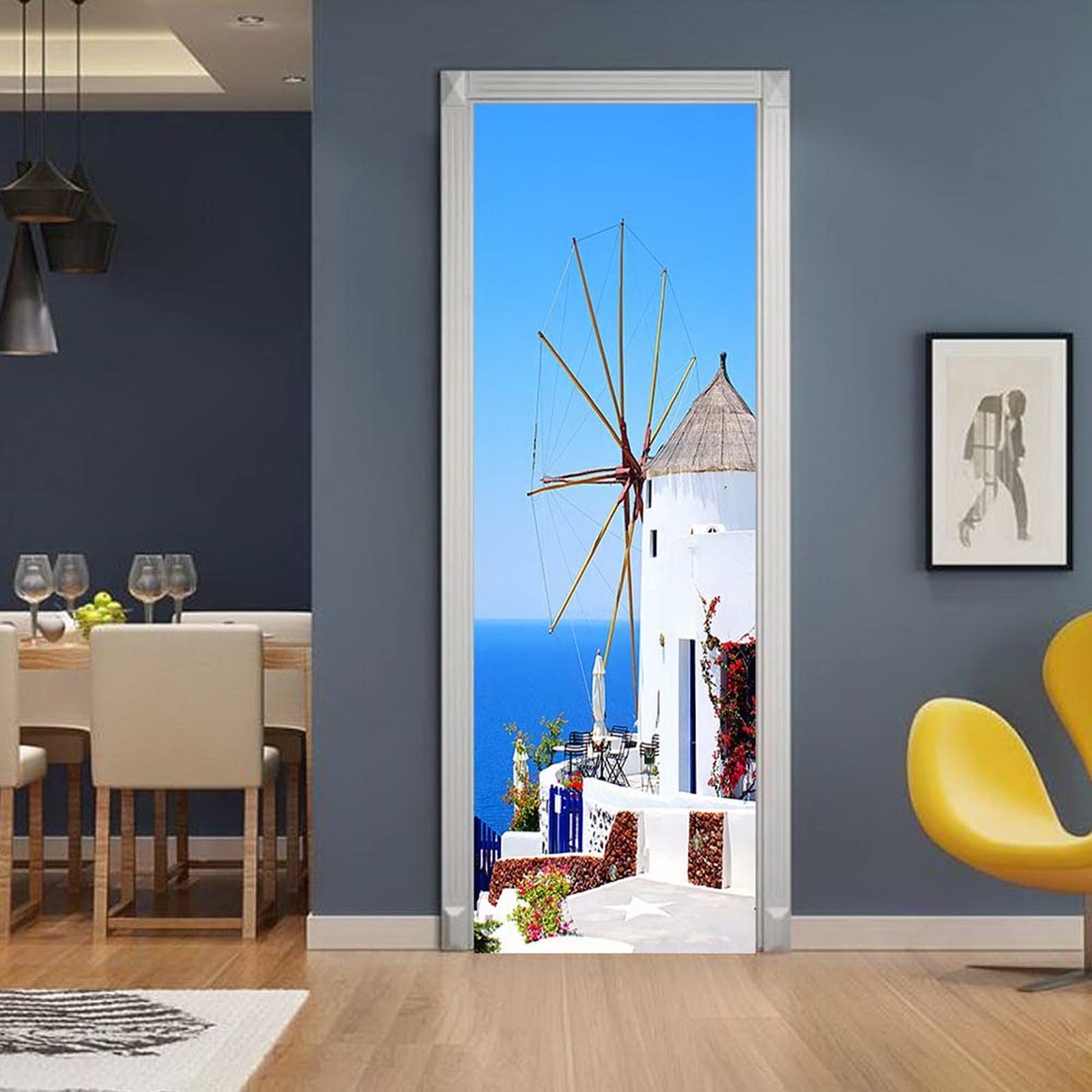 A.Monamour 3D Door Stickers For Interior Doors White Blue National Architecture On Santorini Island Greece Vinyl Waterproof Self Adhesive Door Mural Decals For Bedroom Office Bathroom 85 X 215 Cm