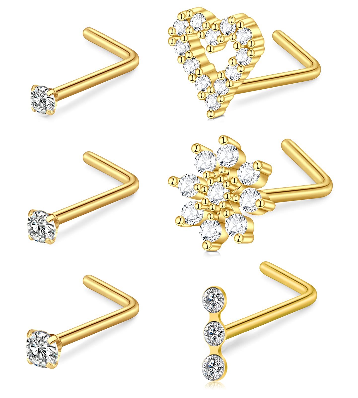 Silver Gold Nose Studs Nostril Piercings Threadless Push in Nose Rings Stud L Shaped Surgical Steel Hypoallergenic Flat Back Helix Earrings Screw Studs Crokscrew Nostril Jewelry for Women Men-image-8