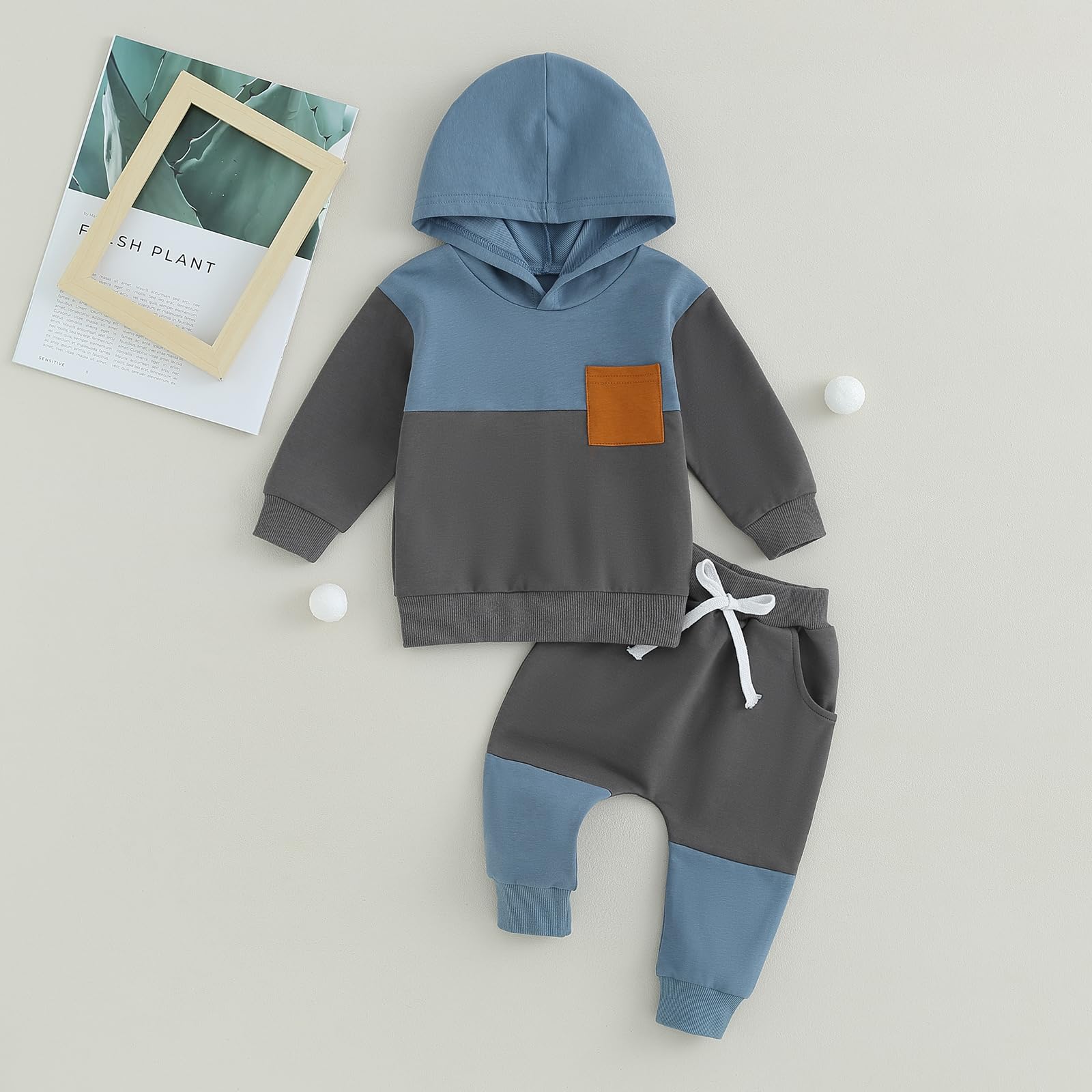 YINGISFITM Toddler Baby Boy Clothes Color Block Long Sleeve Hoodie Sweatshirt Shirt Top And Pocket Pants Fall Winter Outfit (A Blue Gray, 12-18 Months)